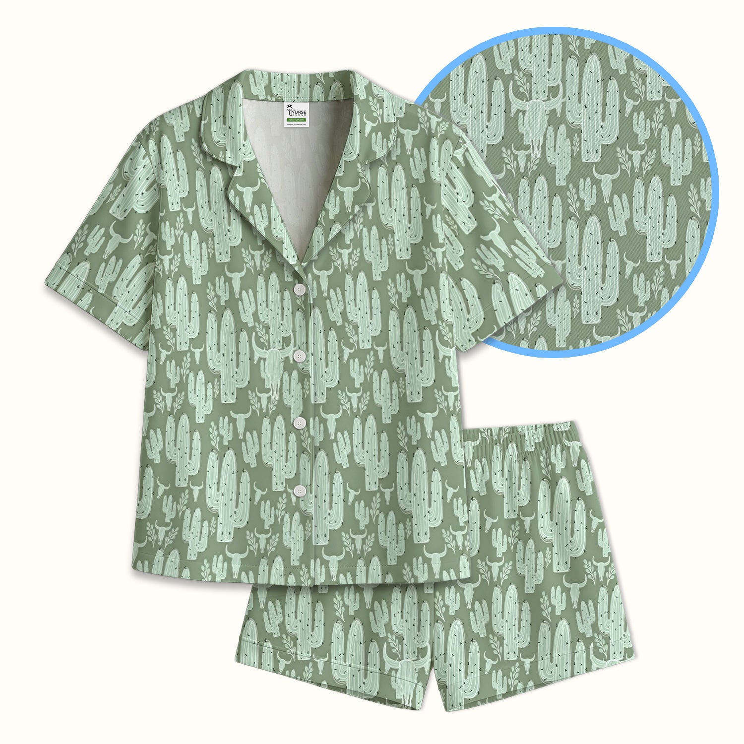 Funny Desert Cactus Skull Pattern Pajama Set, Soft Breathable Fabric Comfortable Sleepwear