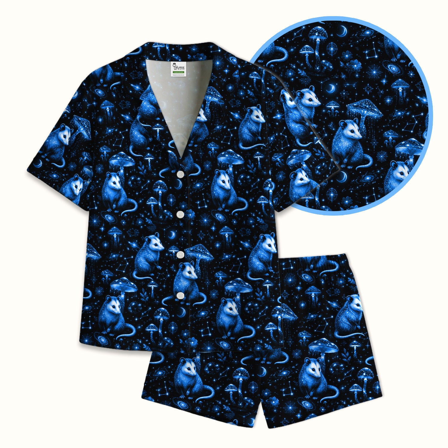 Celestial Blue Opossum With Mushroom Pattern Pajama Set, Soft Breathable Fabric Comfortable Sleepwear