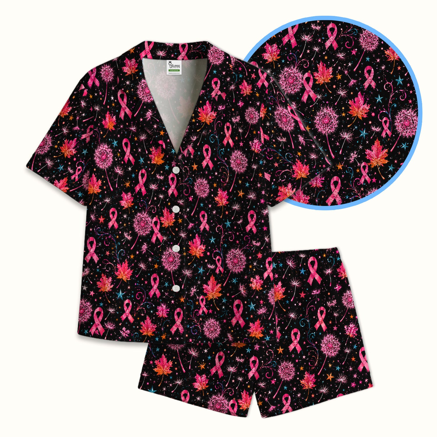 Breast Cancer Awareness Pink Ribbon Fall Pajama Set, Soft Breathable Fabric Comfortable Sleepwear