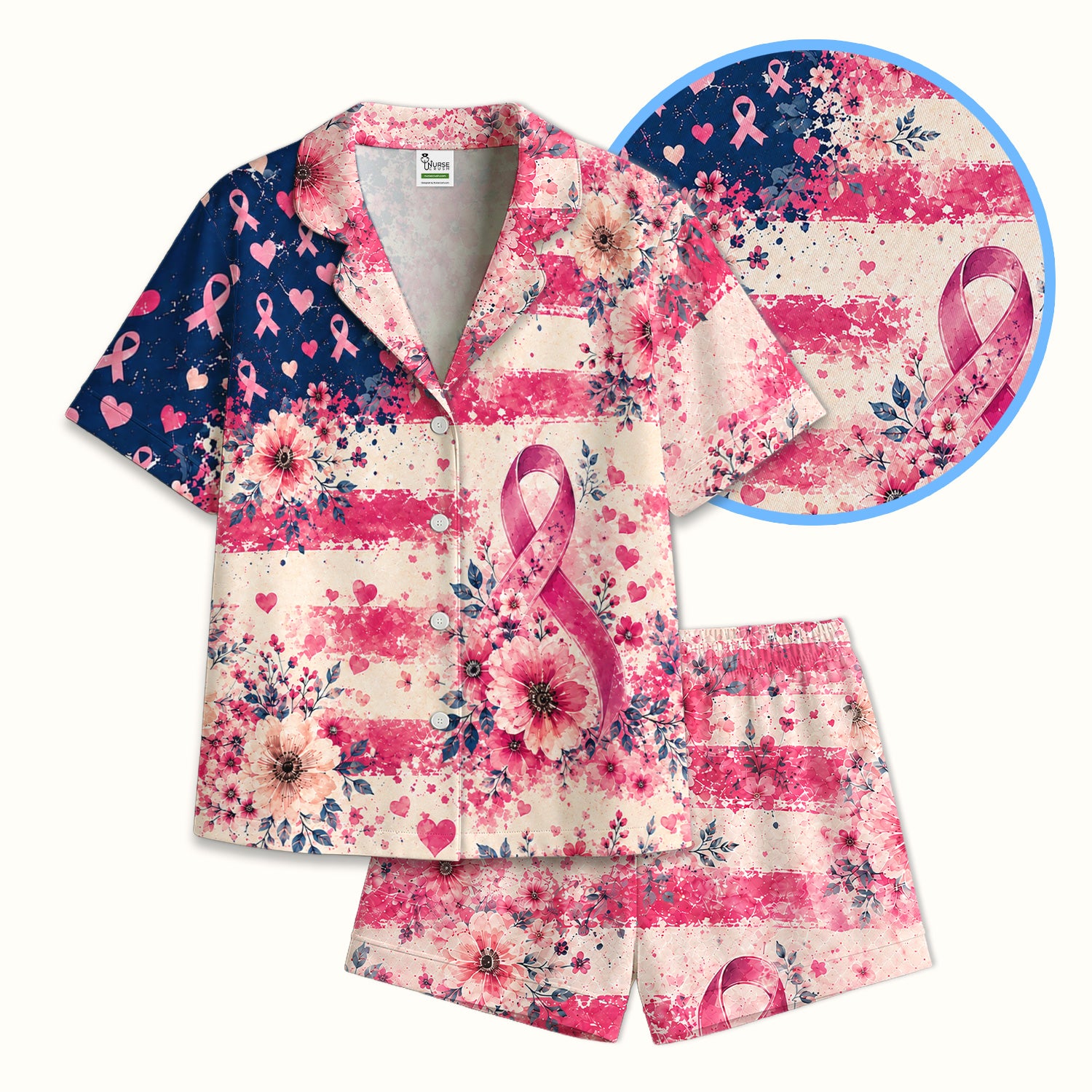 Breast Cancer Floral Flag Pajama Set, Soft Breathable Fabric Comfortable Sleepwear