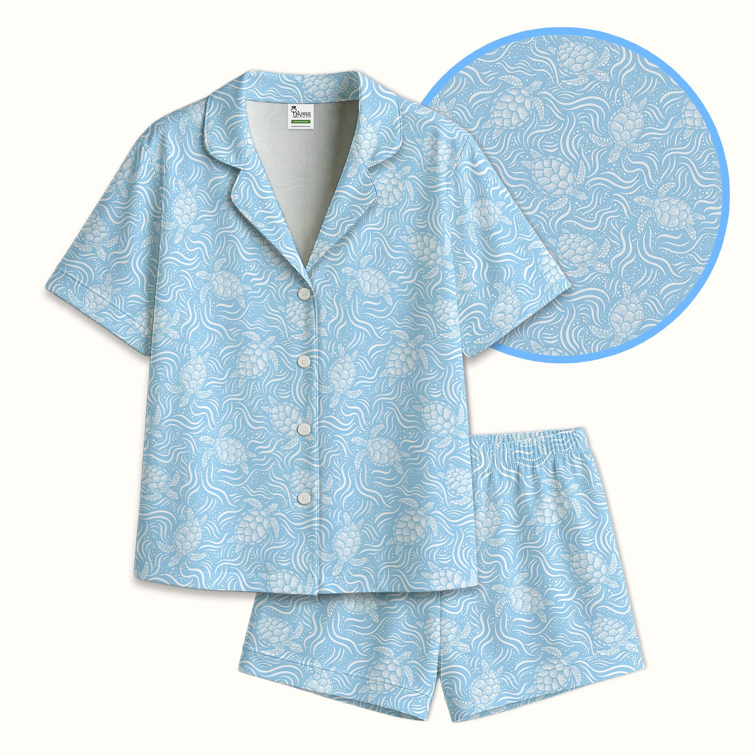 Cute Ocean Sea Turtle Waves Pattern Pajama Set, Soft Breathable Fabric Comfortable Sleepwear
