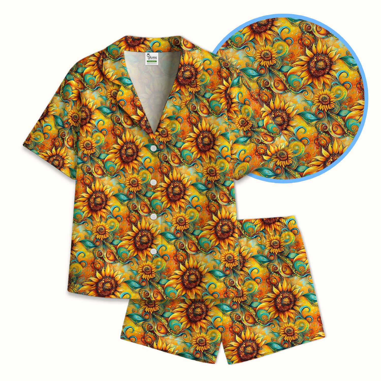 Sunflower Swirl Floral Pattern Pajama Set, Breathable Fabrics Uniform