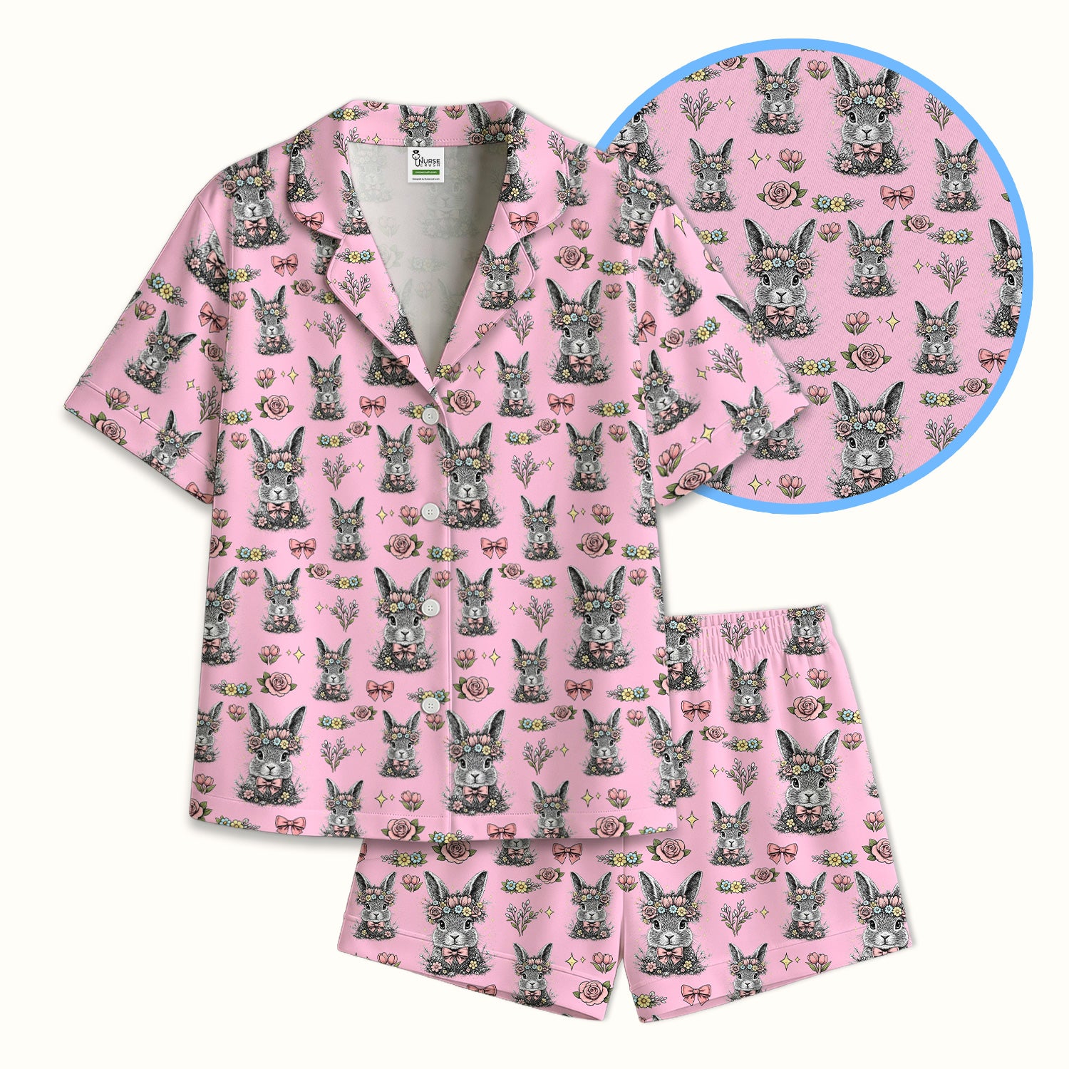 Easter Vintage Floral Bunny Print Pajama Set, Breathable Fabrics Uniform