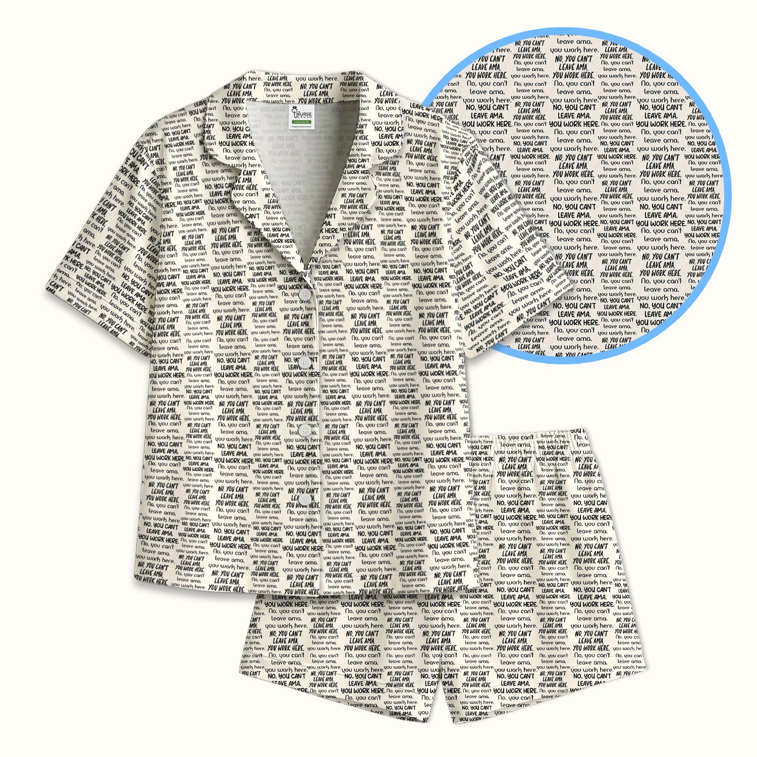 Funny Repeating Nurse Work Quote Text Pattern Pajama Set, Soft Breathable Fabric Comfortable Sleepwear