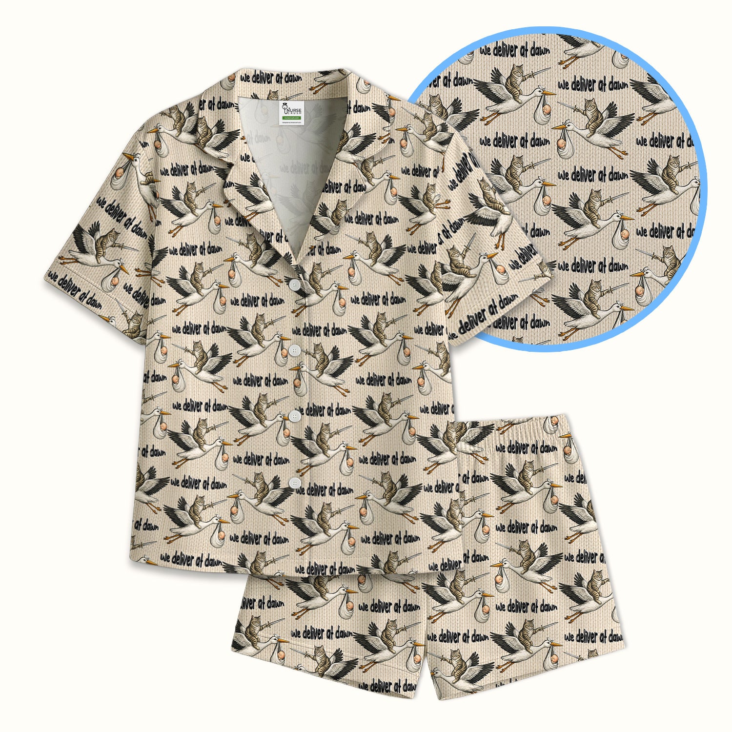 Funny Stork Cat Delivery Pattern Pajama Set, Soft Breathable Fabric Comfortable Sleepwear