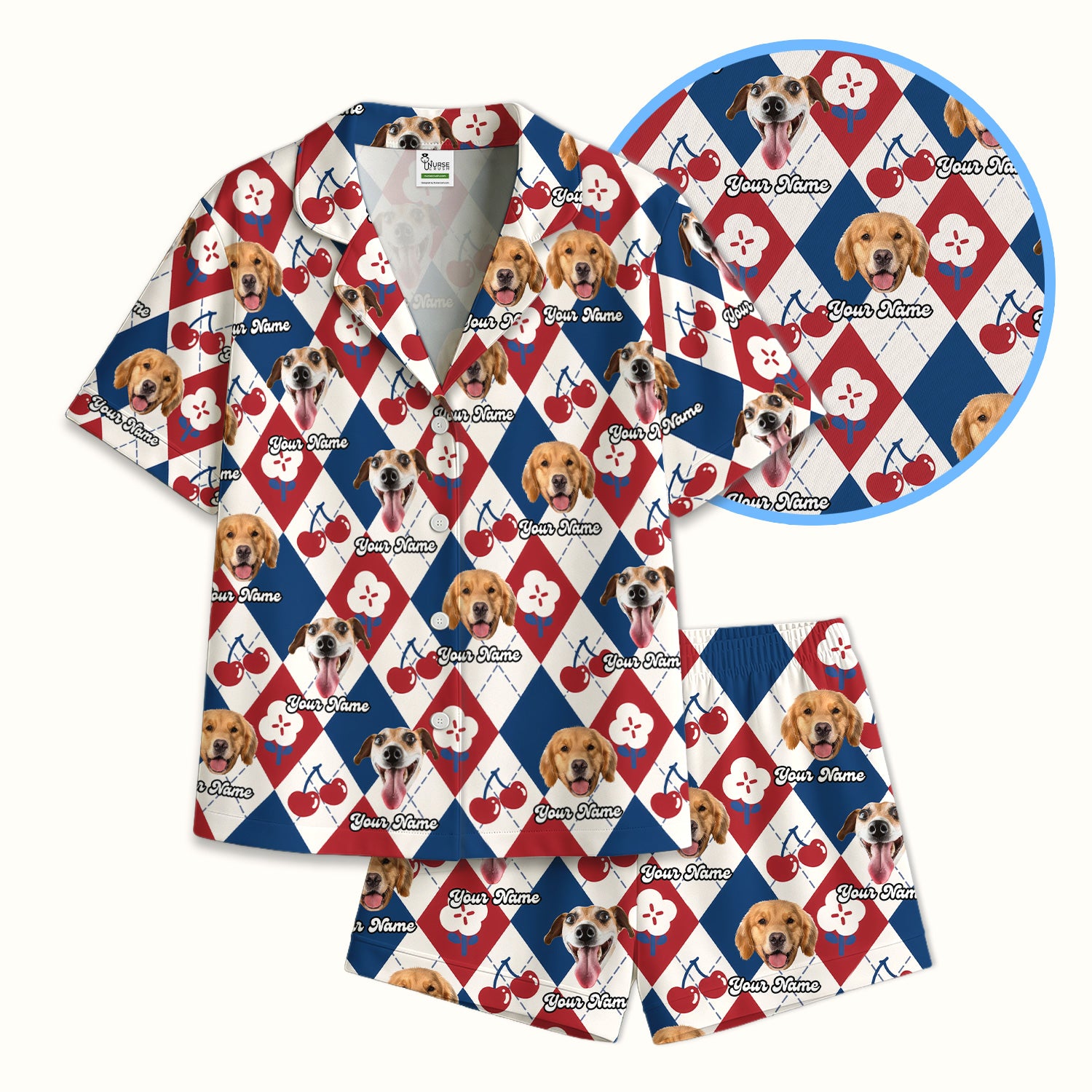 Custom Dog Face Pajama Set, Playful Dog Cherry Argyle Pattern, Soft Breathable Fabric Comfortable Sleepwear