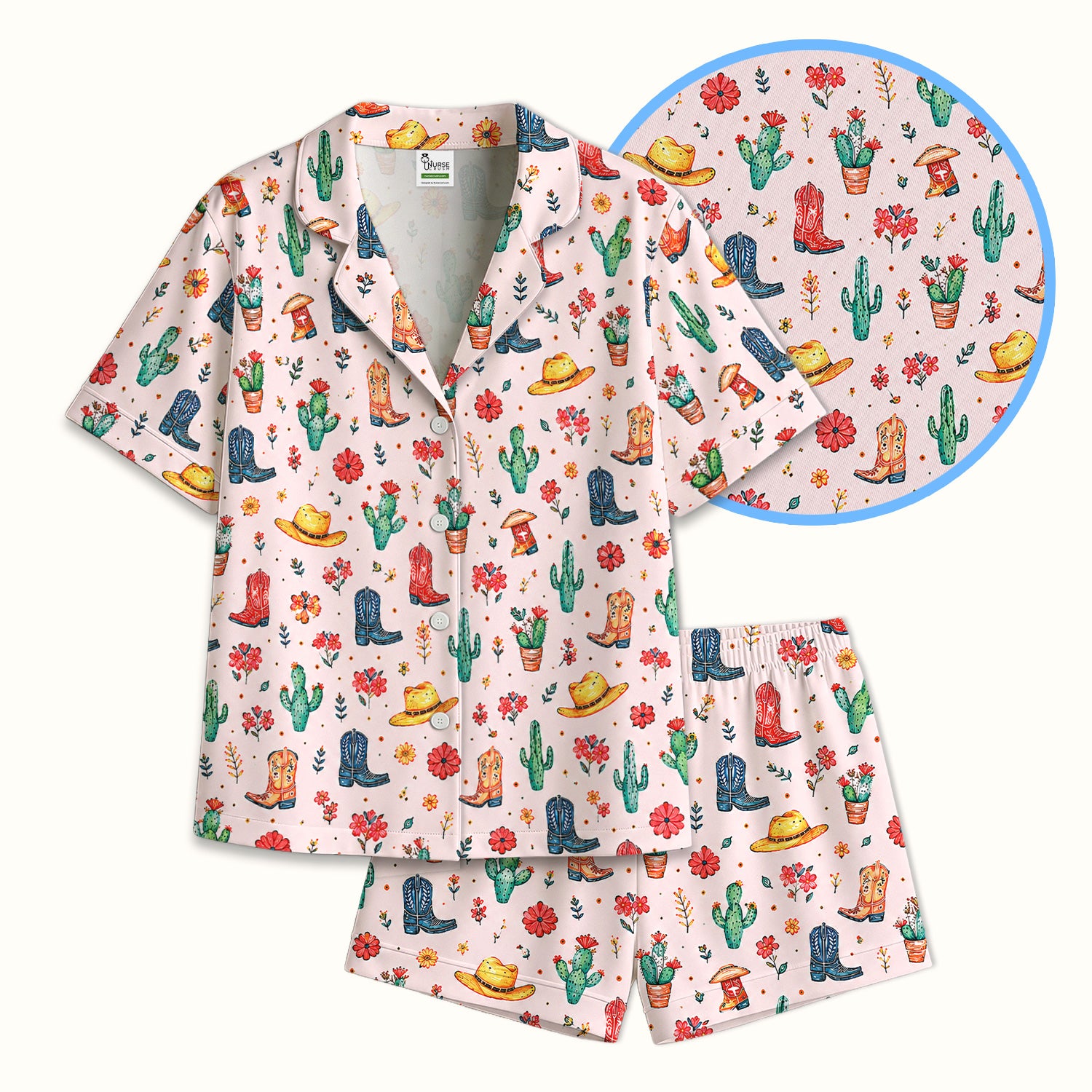 Whimsical Western Cactus Boots Pattern Pajama Set, Soft Breathable Fabric Comfortable Sleepwear