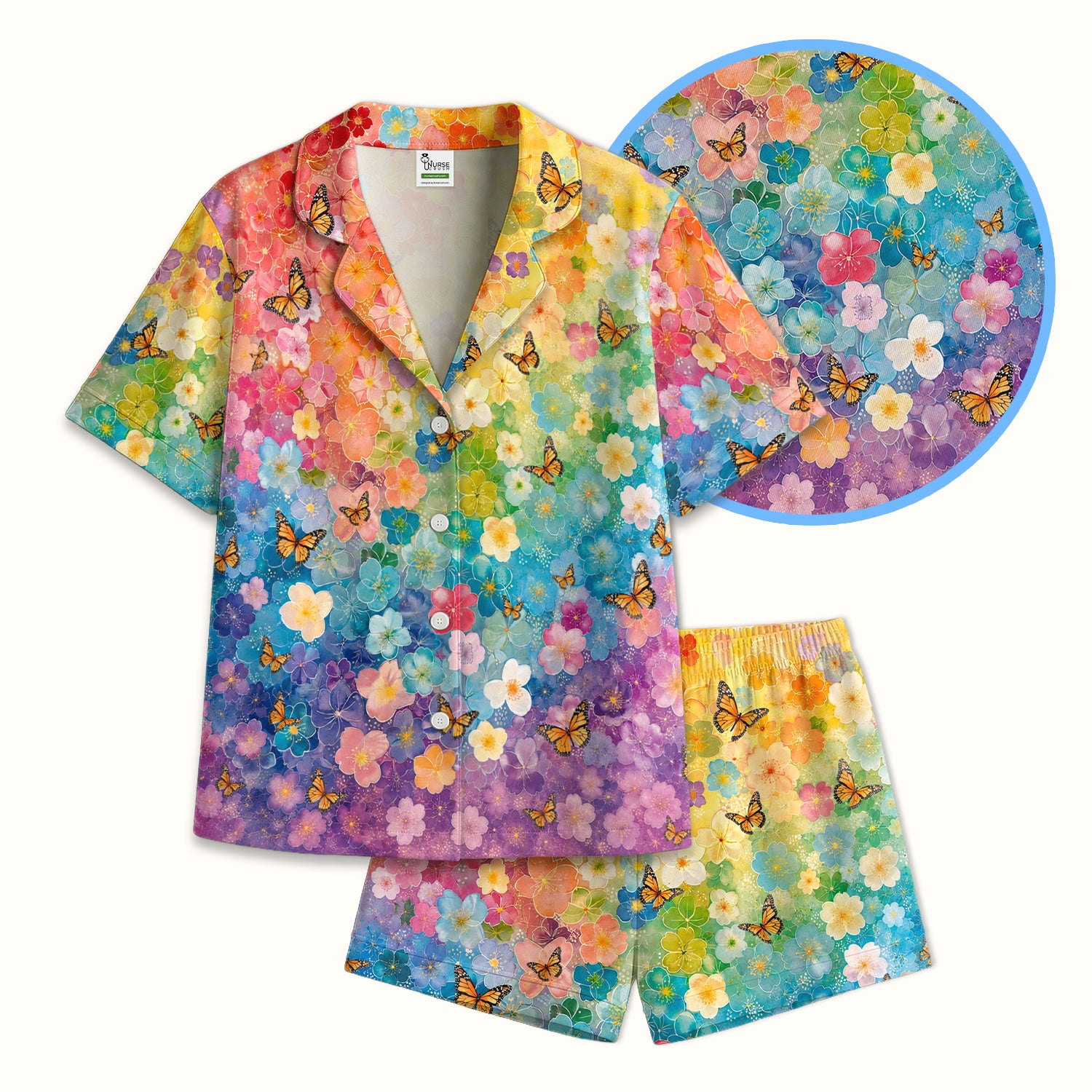 Rainbow Butterfly Floral Blossom Pattern Pajama Set, Soft Breathable Fabric Comfortable Sleepwear
