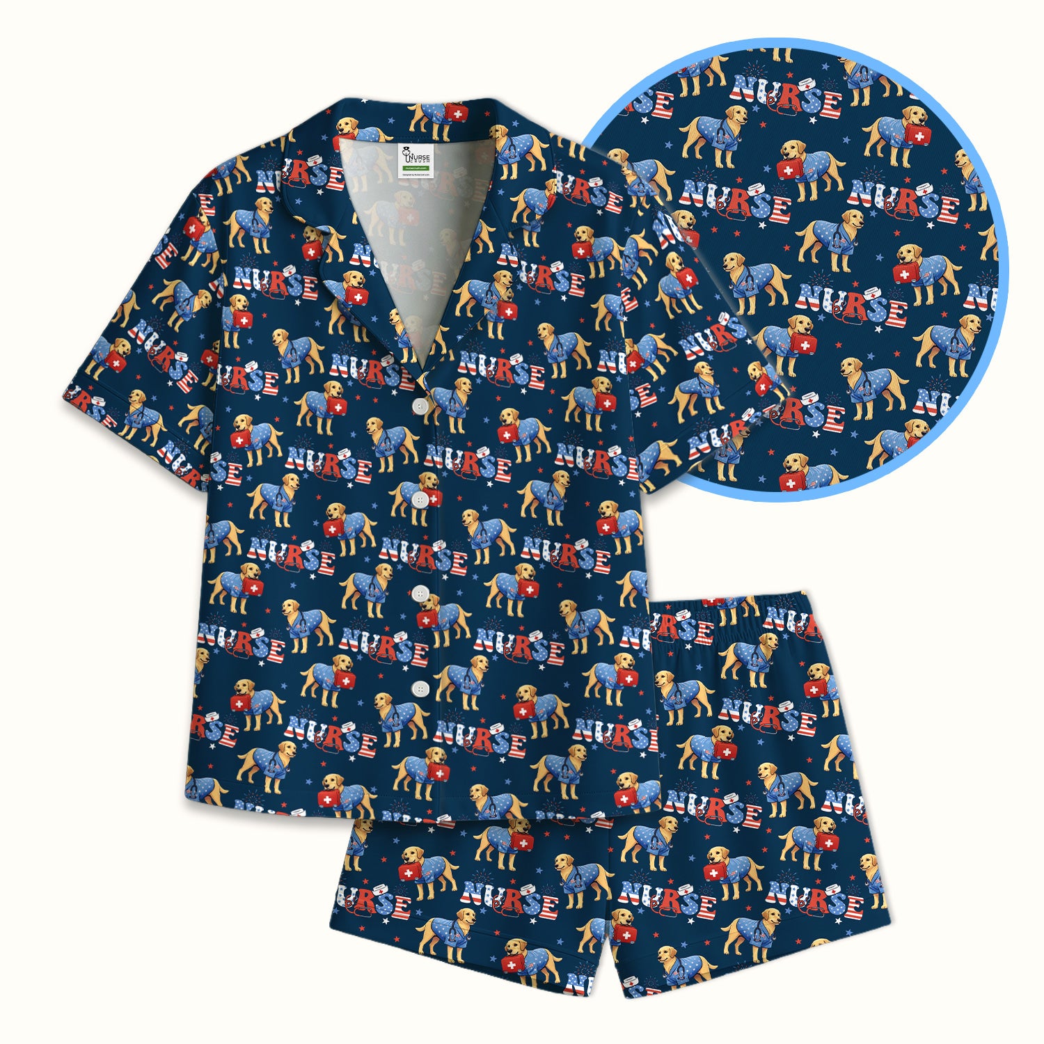 Patriotic Nurse Dog Medical Pattern Pajama Set, Breathable Fabrics Uniform