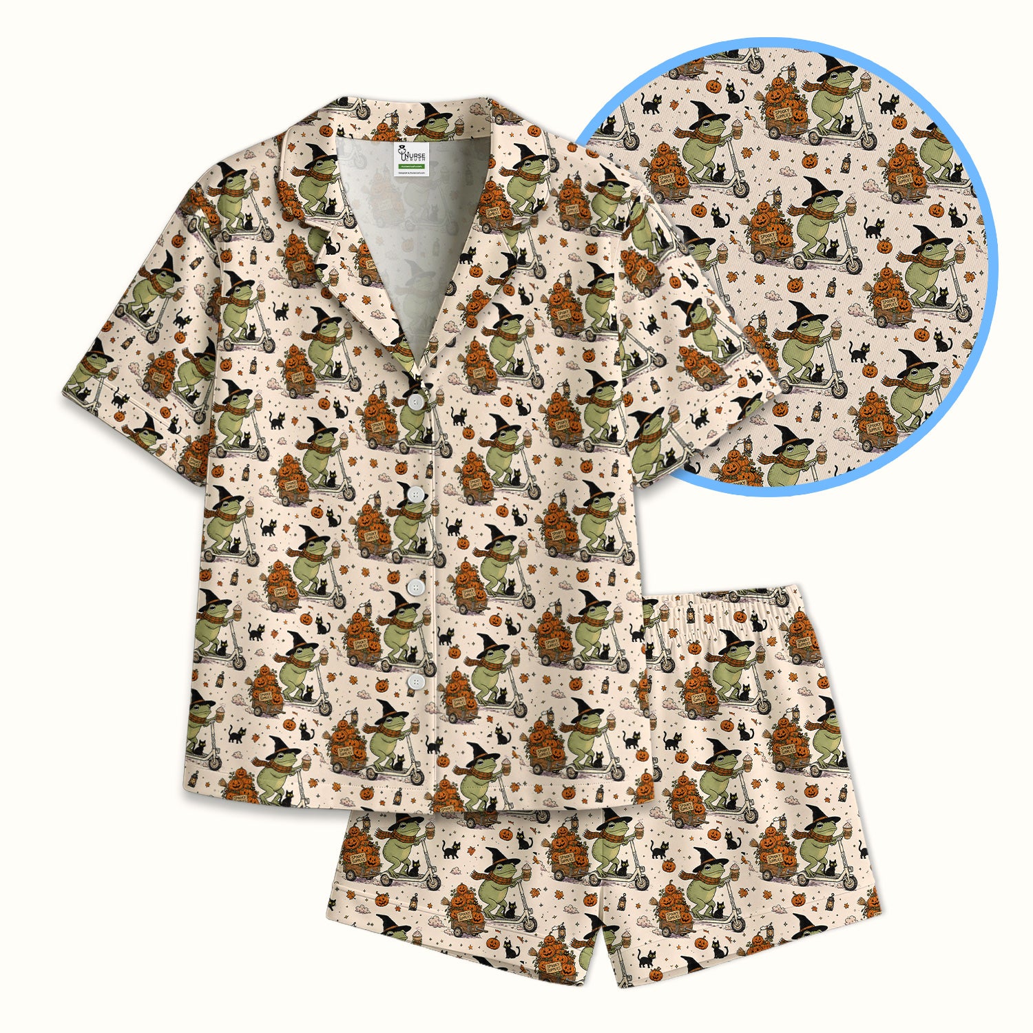 Cute Halloween Witch Frog And Pumpkins Pajama Set, Soft Breathable Fabric Comfortable Sleepwear