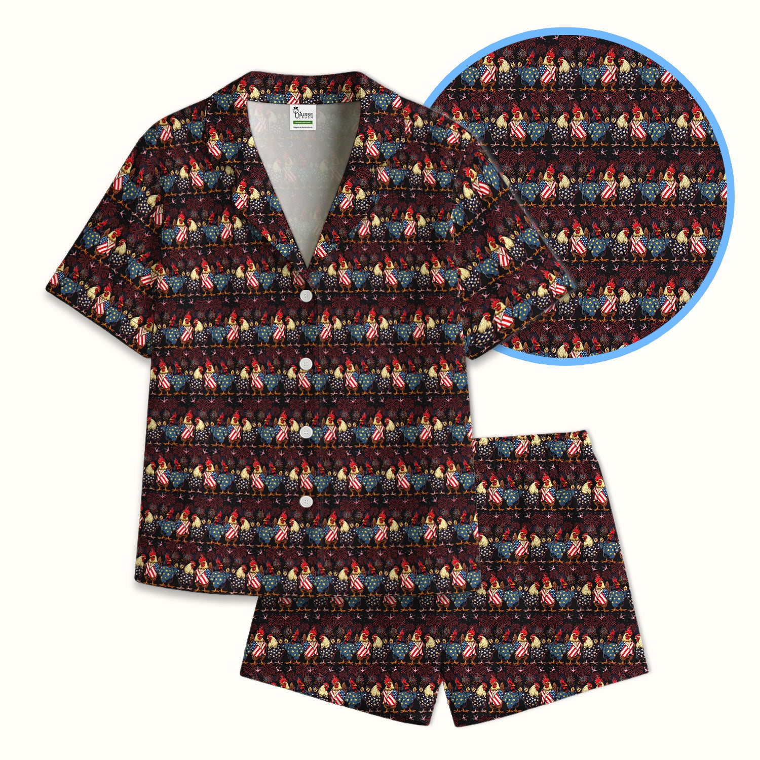 Patriotic Rooster Fireworks Pattern Pajama Set, Breathable Fabrics Uniform
