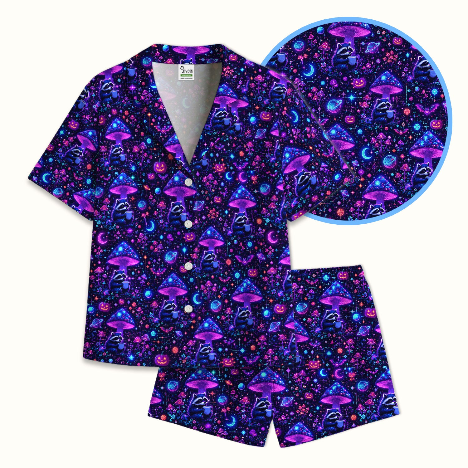 Halloween Raccoon And Mushrooms Pajama Set, Soft Breathable Fabric Comfortable Sleepwear