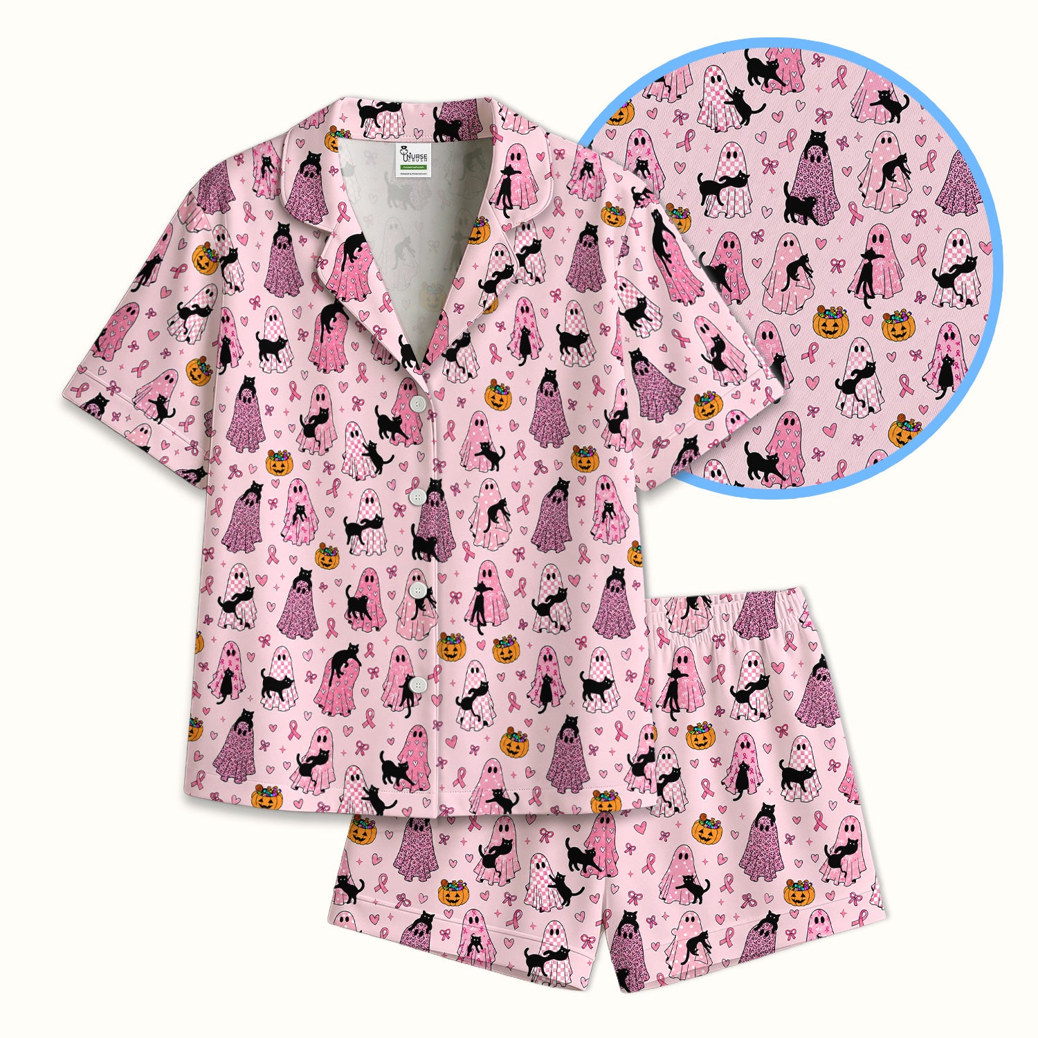 Breast Cancer Awareness Ghost Cat Pajama Set, Soft Breathable Fabric Comfortable Sleepwear