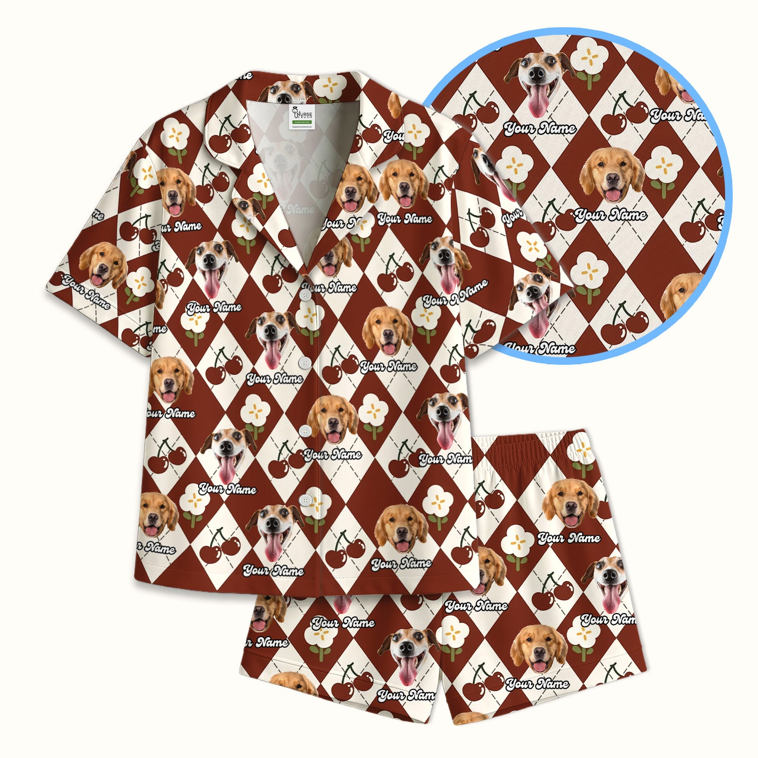 Custom Dog Face Pajama Set, Playful Dog Cherry Argyle Pattern, Soft Breathable Fabric Comfortable Sleepwear