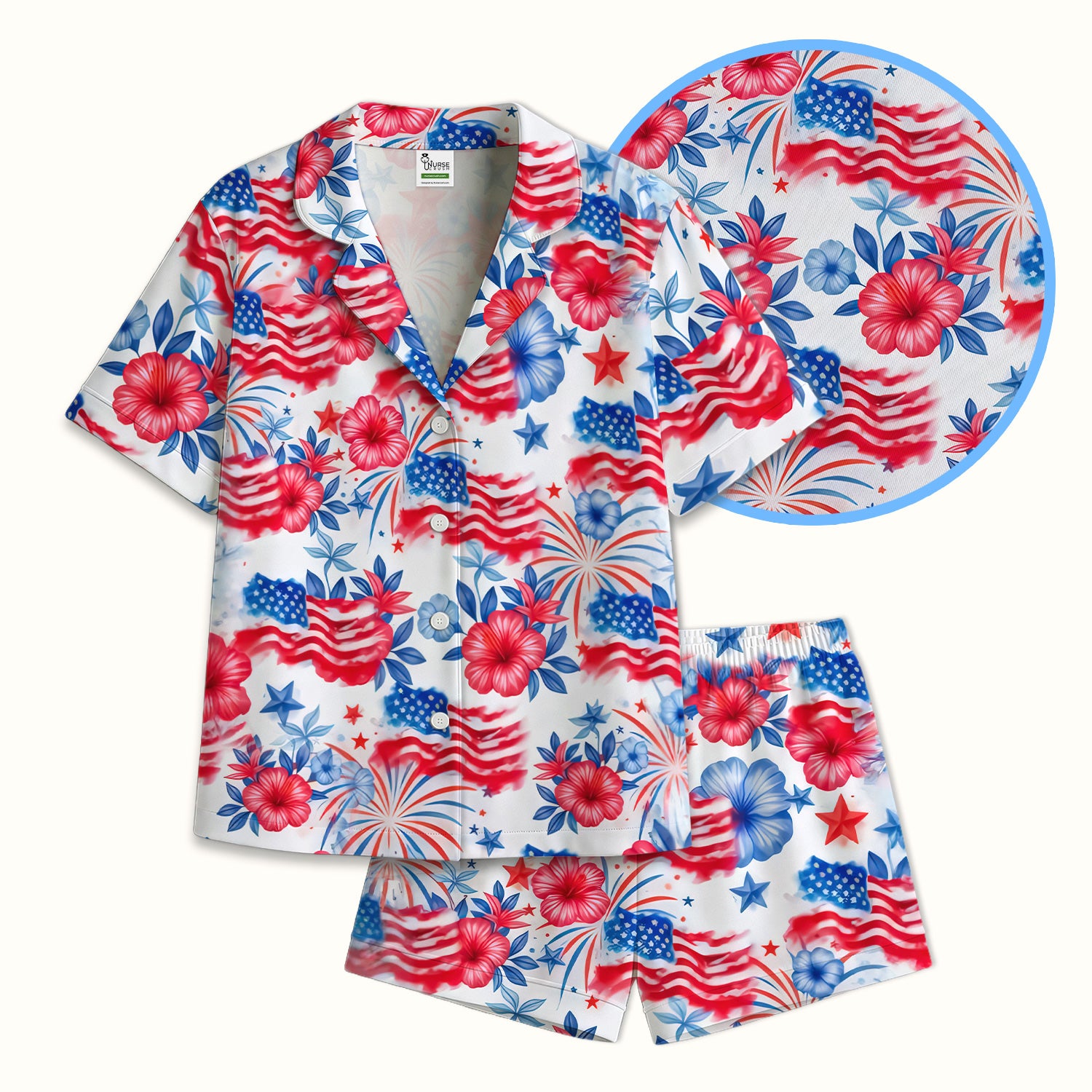 Patriotic American Flag Floral Pattern Pajama Set, Soft Breathable Fabric Comfortable Sleepwear