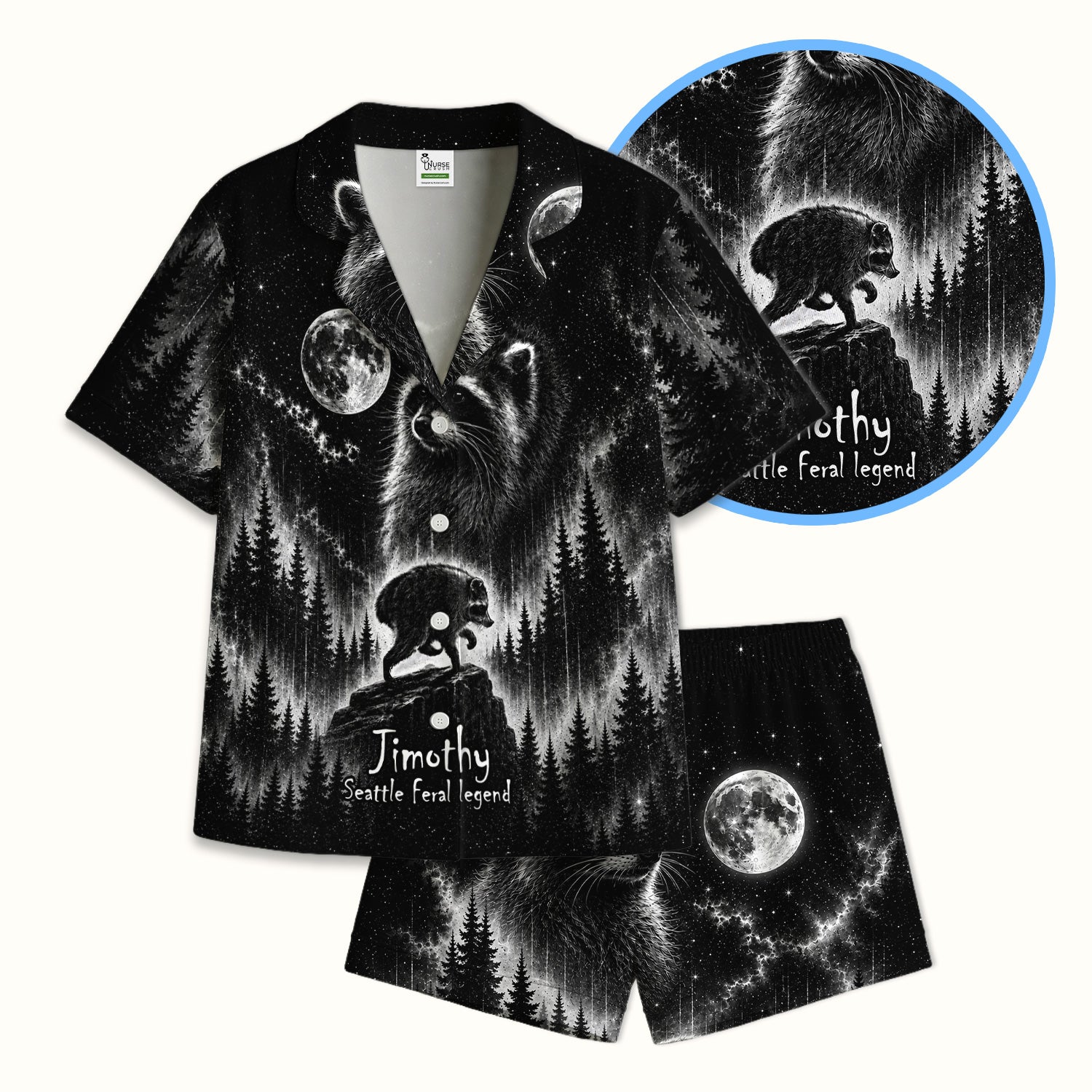 Moonlit Raccoon Forest Print Pajama Set, Soft Breathable Fabric Comfortable Sleepwear