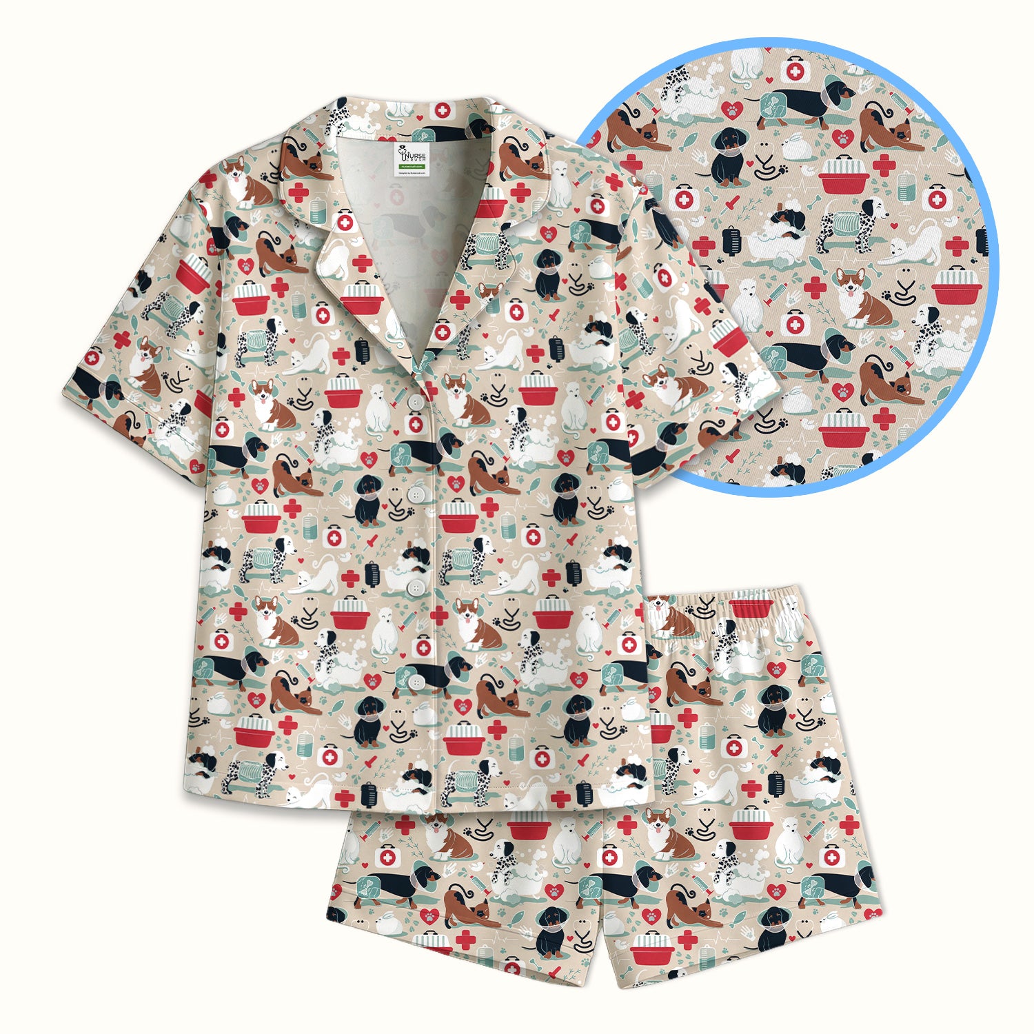 Dogs With Veterinary Tools And Paw Print Pajama Set, Breathable Fabrics Uniform