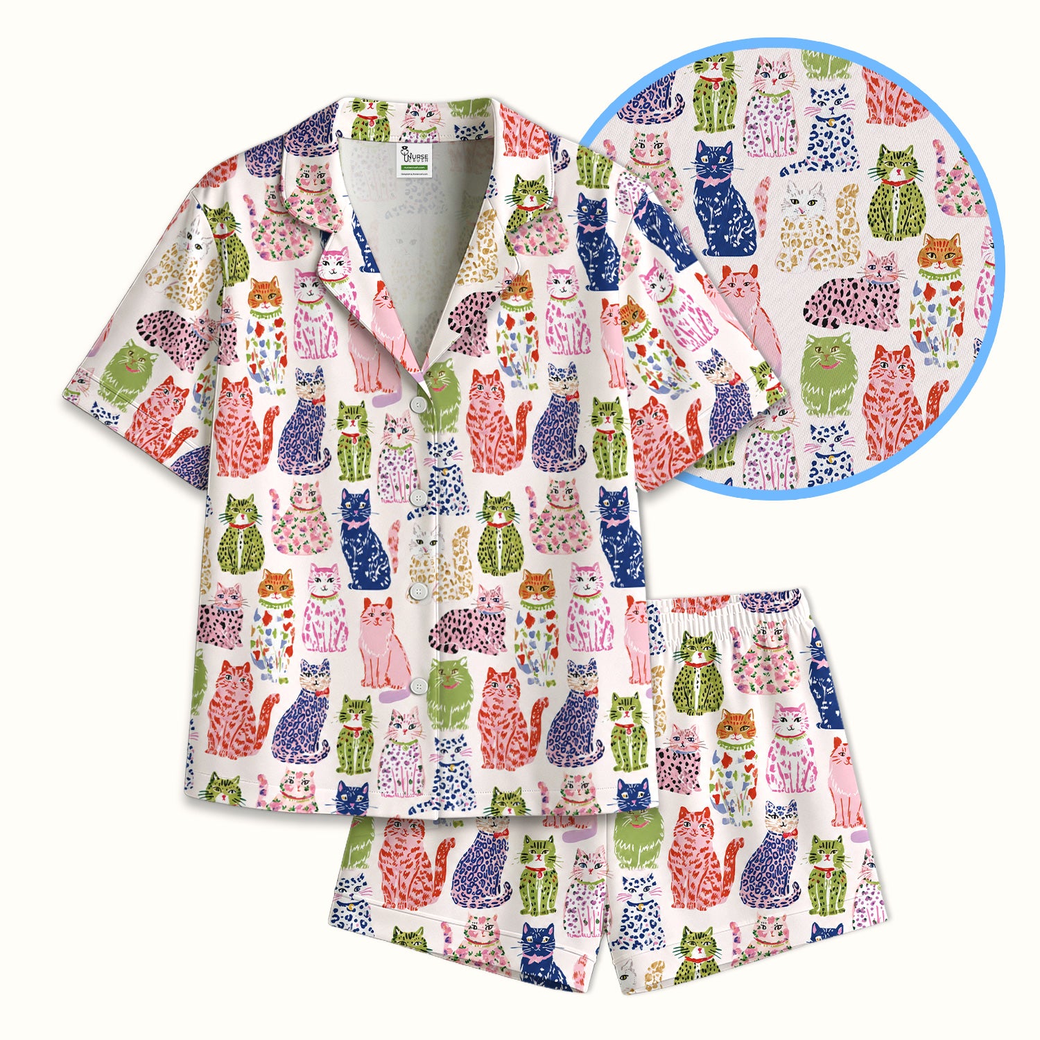 Colorful Cat with Playful Pet Pajama Set, Soft Breathable Fabric Comfortable Sleepwear