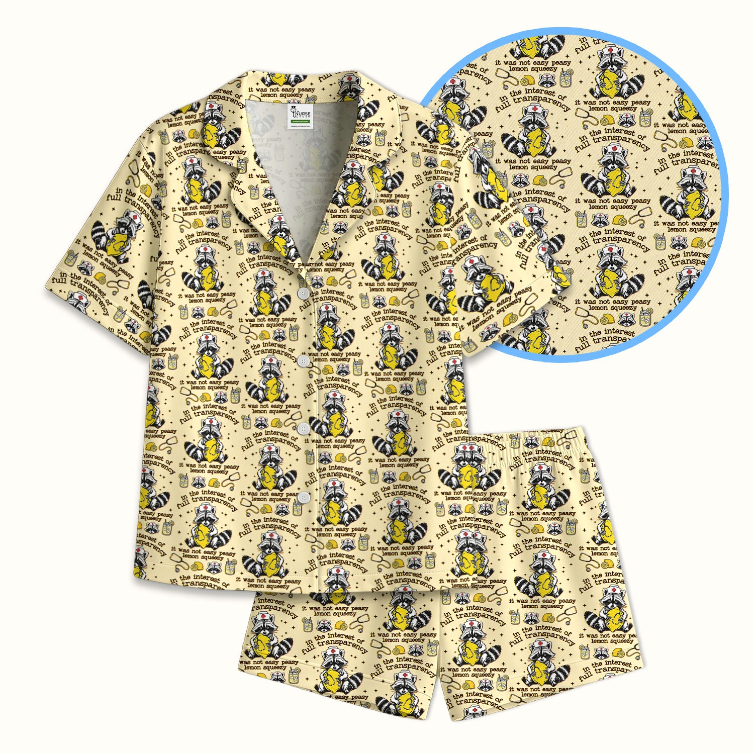 Raccoon Lemon Quote Medical Humor Pattern Pajama Set, Breathable Fabrics Uniform