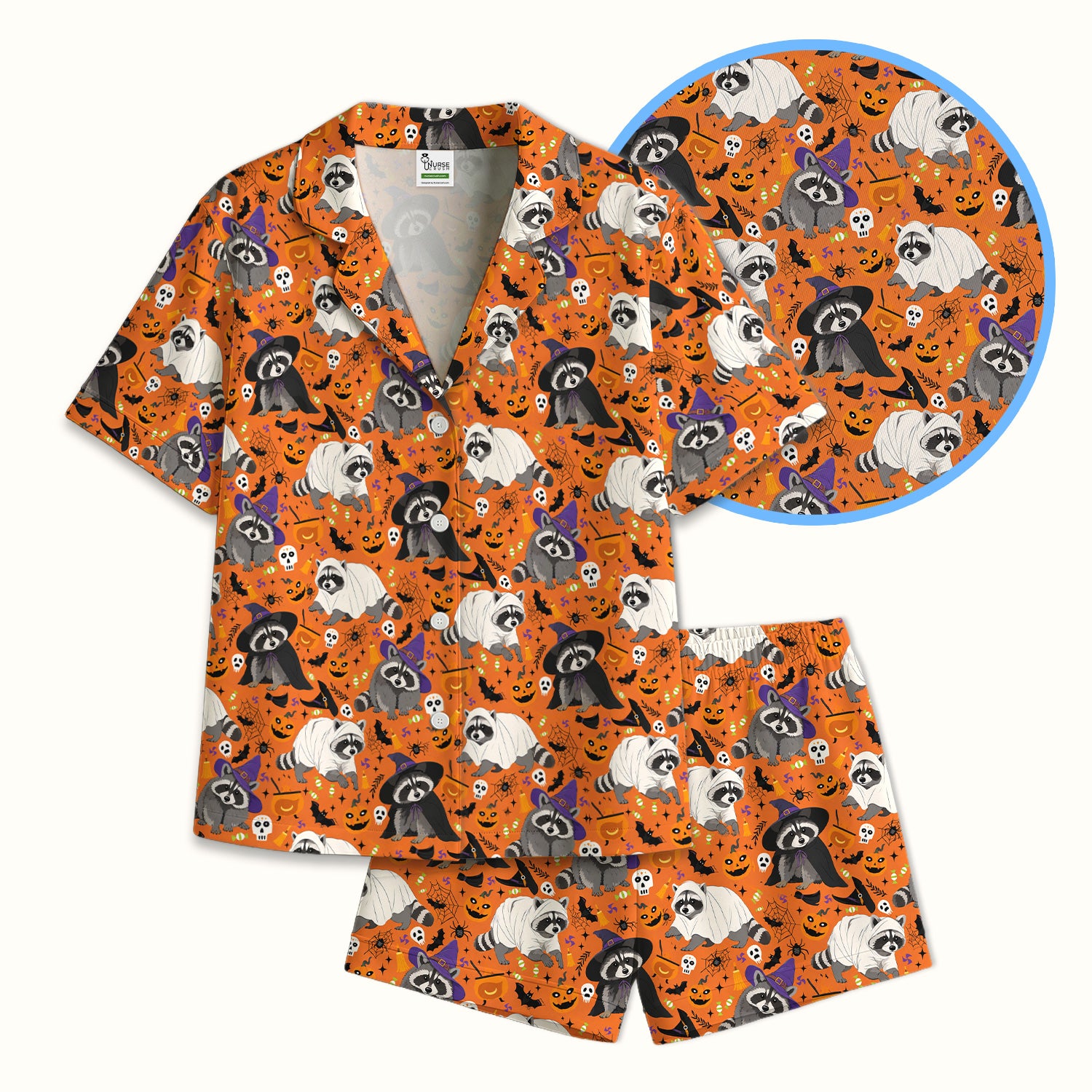 Cute Halloween Raccoon Costumes Print Pajama Set, Soft Breathable Fabric Comfortable Sleepwear