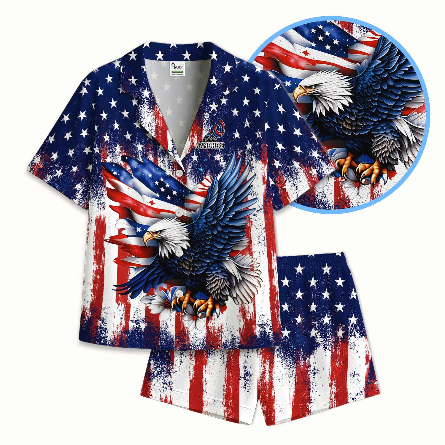 Personalized Patriotic Eagle Flag Pattern Pajama Set, Soft Breathable Fabric Comfortable Sleepwear