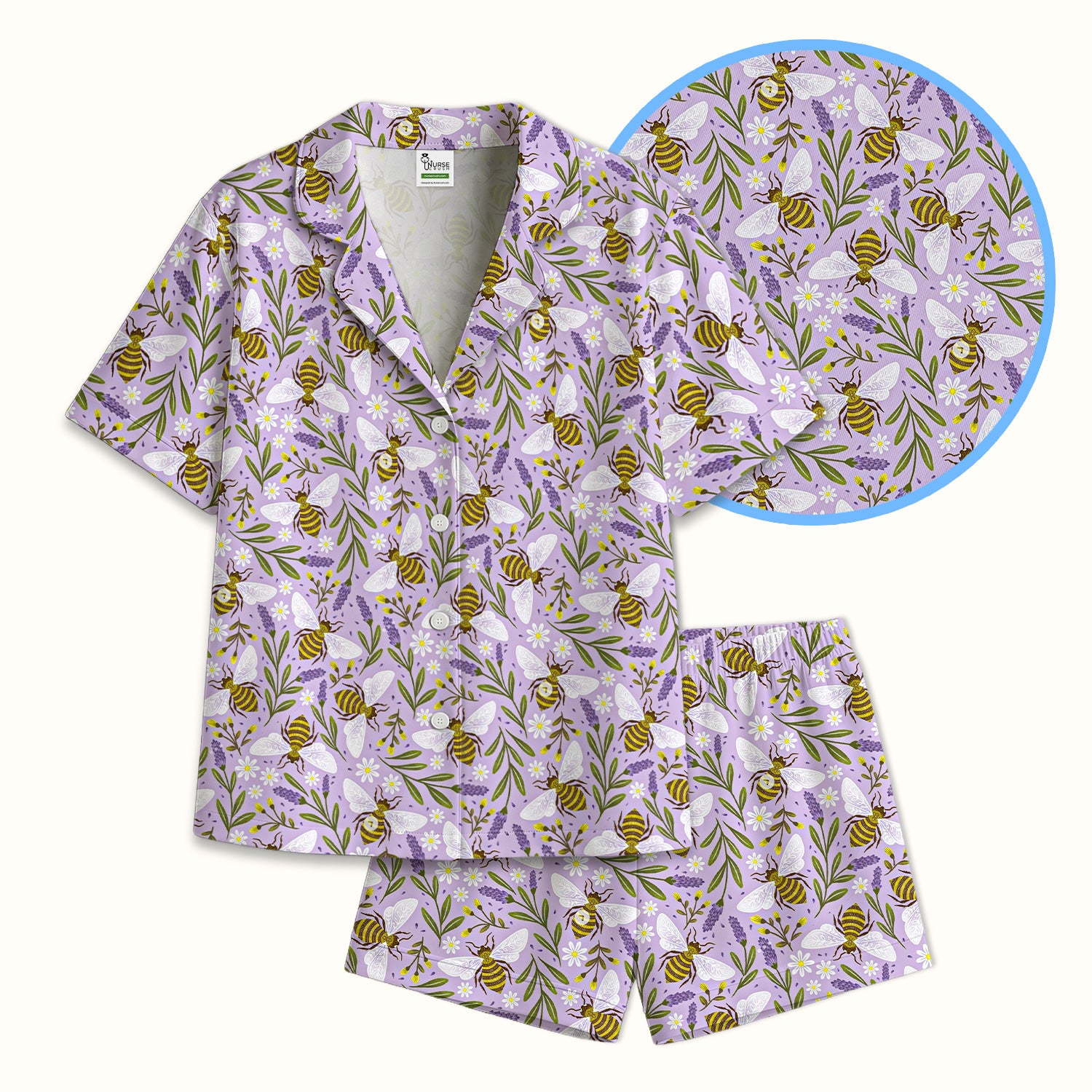 Cute Lavender Bee Floral Pattern Pajama Set, Soft Breathable Fabric Comfortable Sleepwear