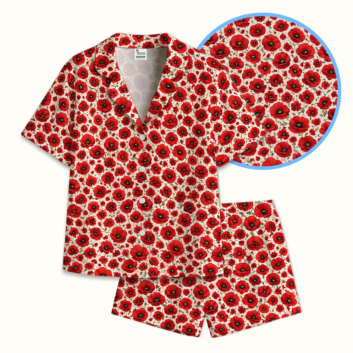 Pretty Red Poppy Flower Garden Pattern Pajama Set, Soft Breathable Fabric Comfortable Sleepwear