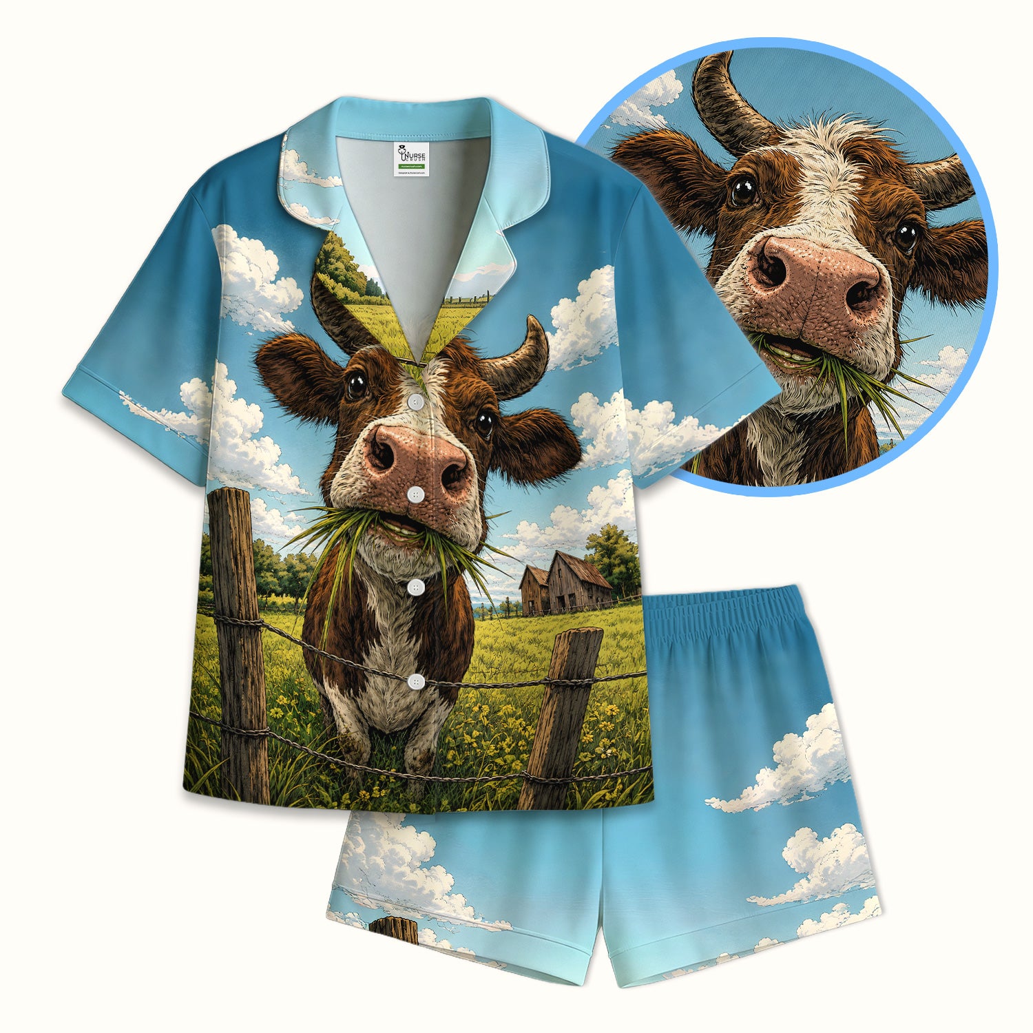 Curious Highland Cow Farm Scene Pajama Set, Soft Breathable Fabric Comfortable Sleepwear