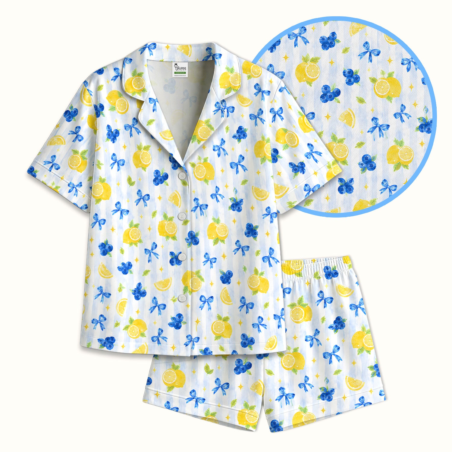 Lemon Blueberry Bow Nurse Print Pajama Set, Soft Breathable Fabric Comfortable Sleepwear