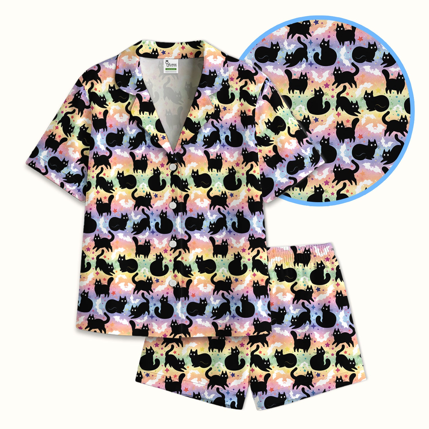 Pastel Star Black Cat Pattern Pajama Set, Soft Breathable Fabric Comfortable Sleepwear