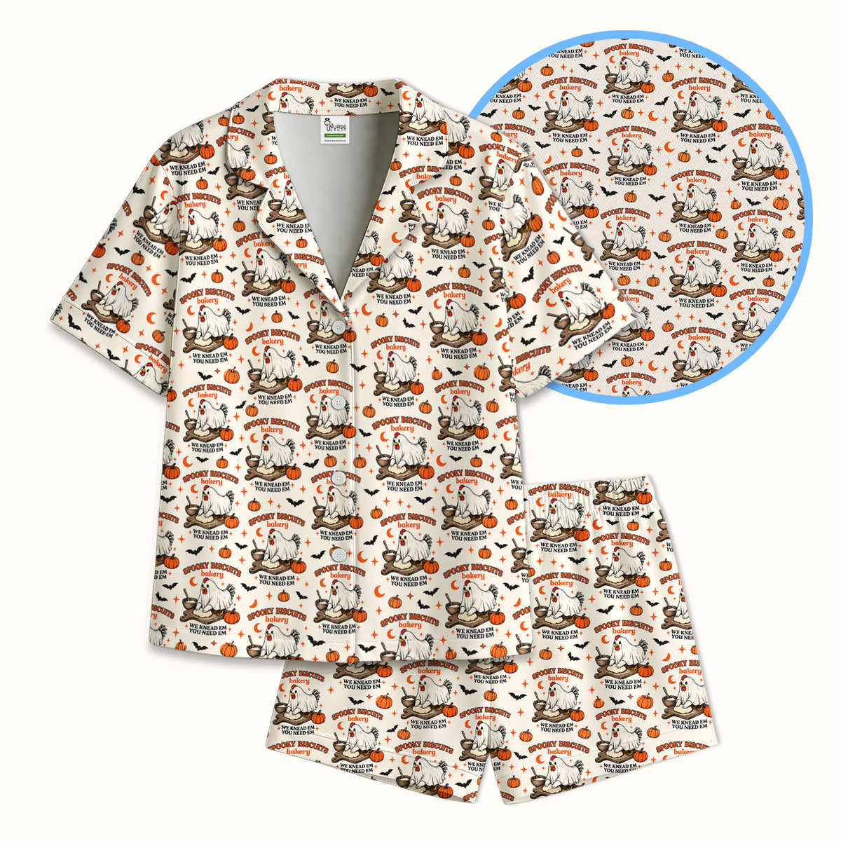 Halloween Spooky Biscuits Chicken Pattern Pajama Set, Soft Breathable Fabric Comfortable Sleepwear