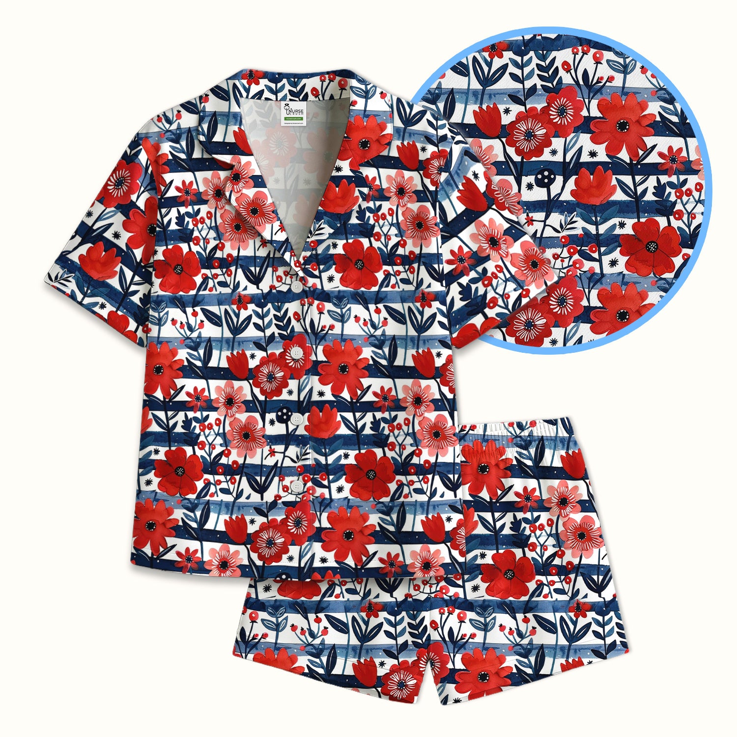 Red Poppy Navy Stripe Pattern Pajama Set, Soft Breathable Fabric Comfortable Sleepwear