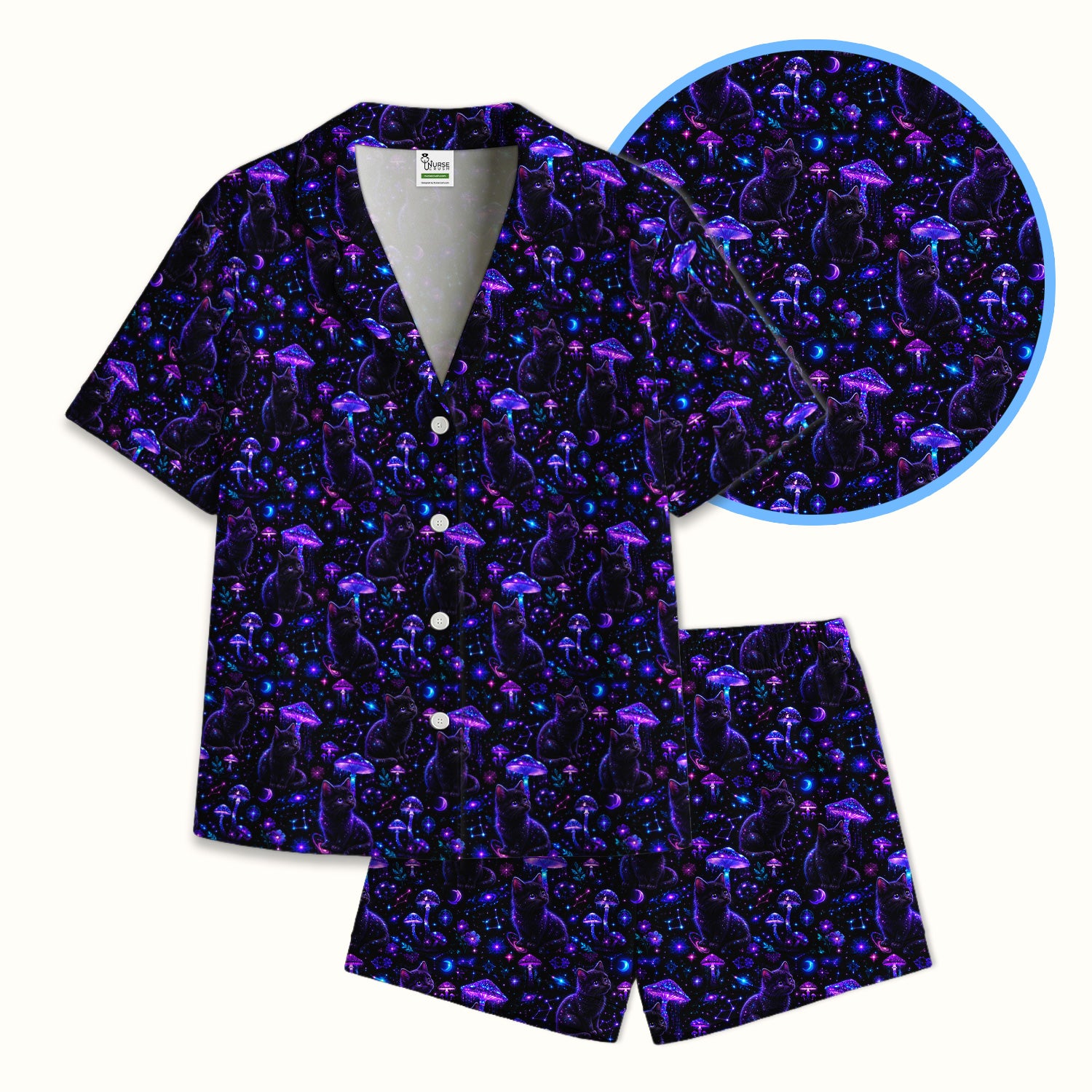 Mystical Black Cat Neon Mushroom Print Pajama Set, Soft Breathable Fabric Comfortable Sleepwear
