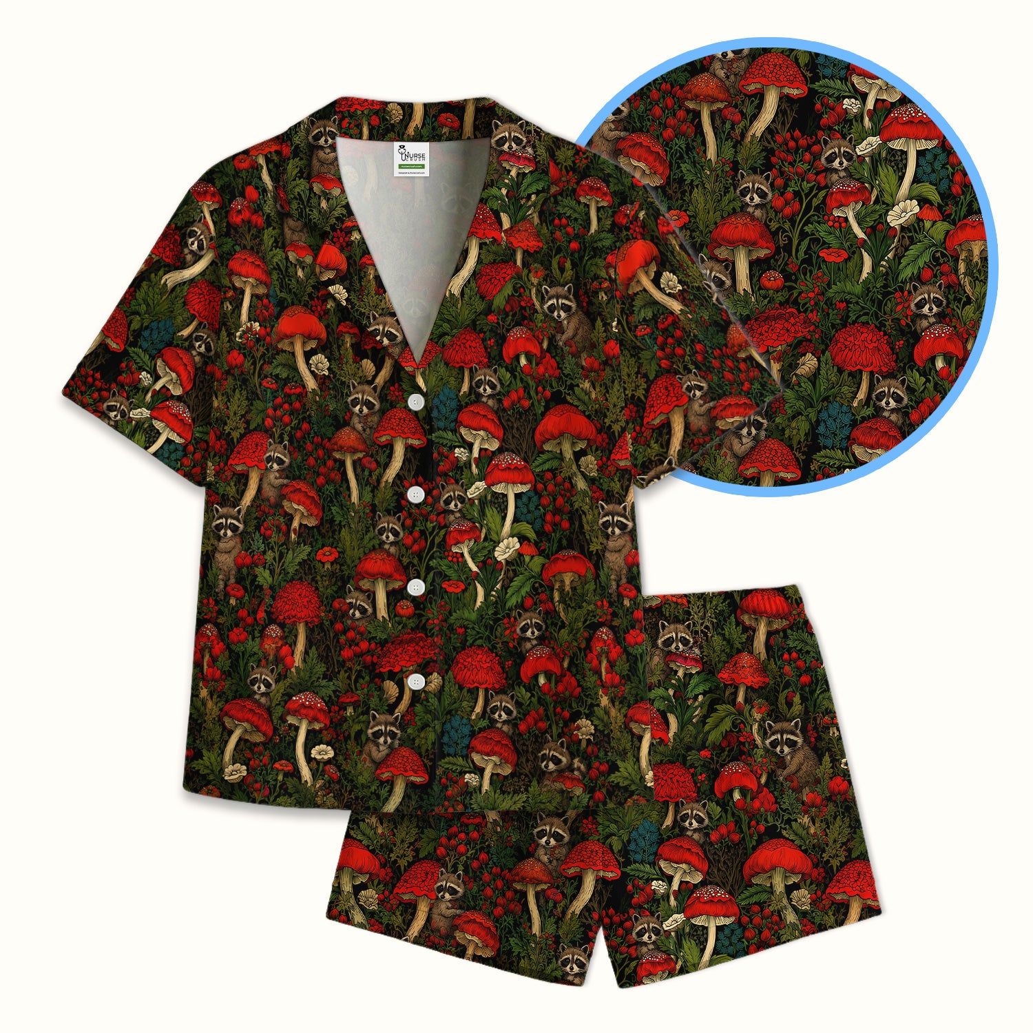 Woodland Raccoon Red Mushroom Pattern Pajama Set, Soft Breathable Fabric Comfortable Sleepwear