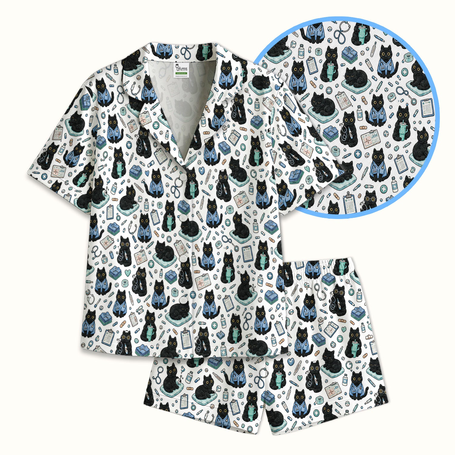 Black Cat Clinic Pajama Set, Soft Breathable Fabric Comfortable Sleepwear