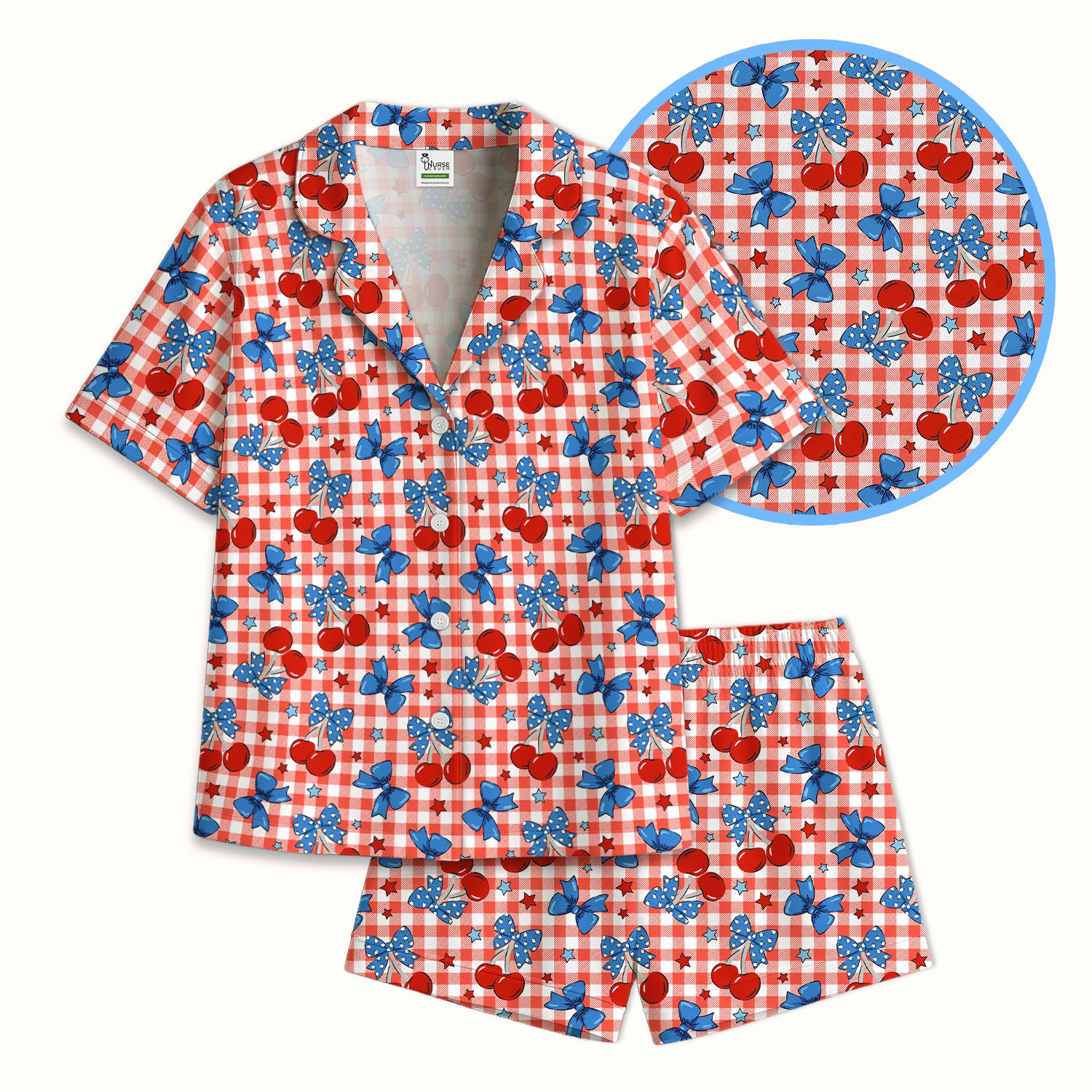 Cute Patriotic Cherry Bow Checkered Pattern Pajama Set, Soft Breathable Fabric Comfortable Sleepwear