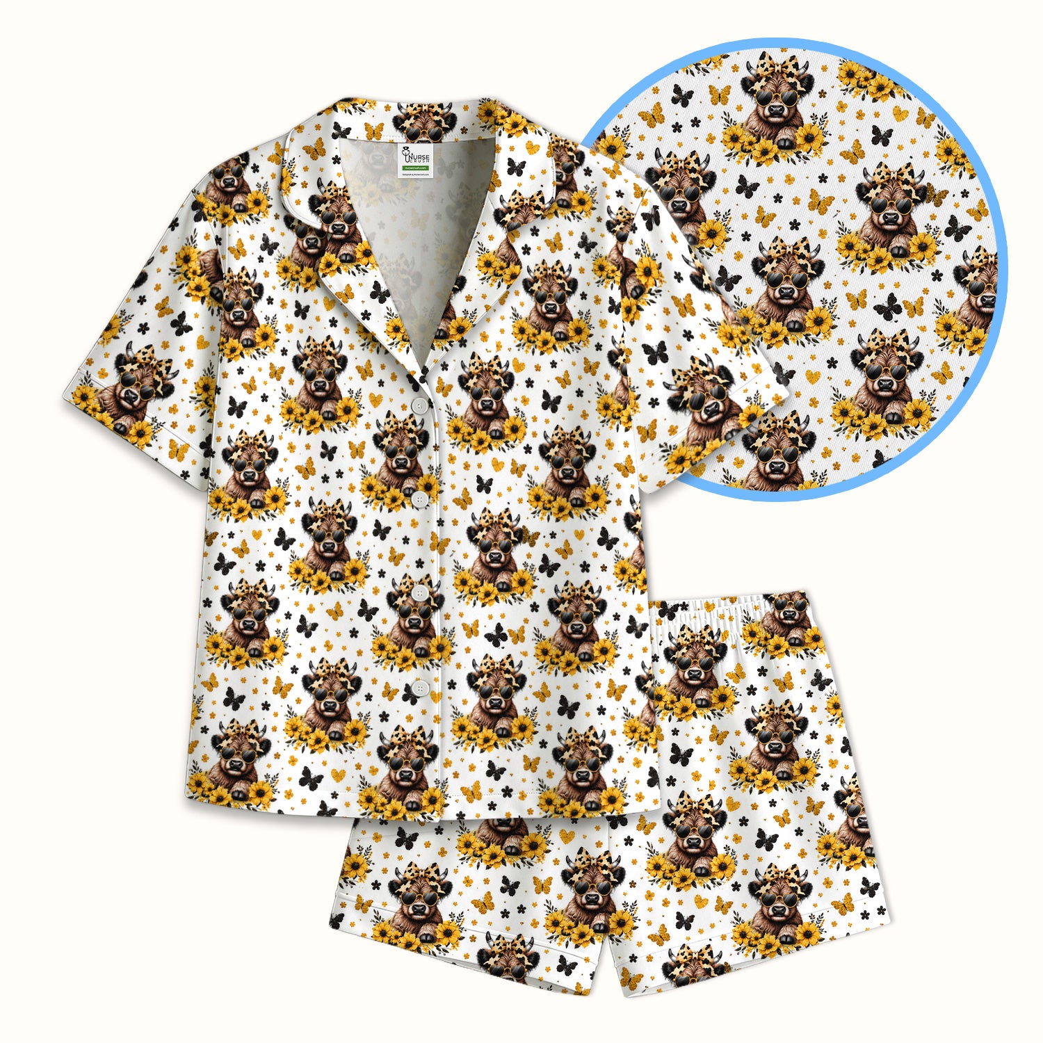 Sassy Highland Cow Sunflower Pattern Pajama Set, Soft Breathable Fabric Comfortable Sleepwear