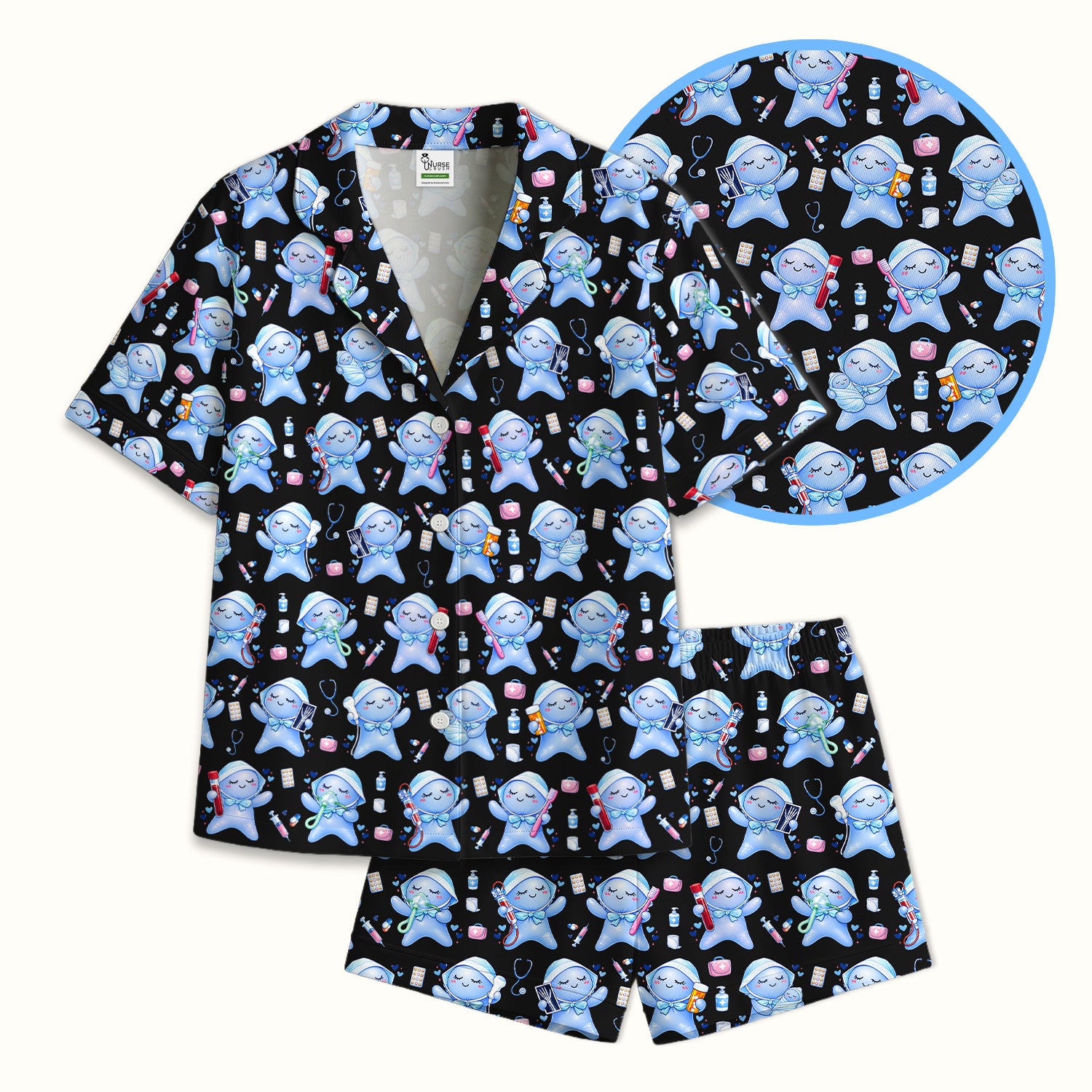 Cute Tooth Character Dental Tools Caring Pattern Pajama Set, Breathable Fabrics Uniform