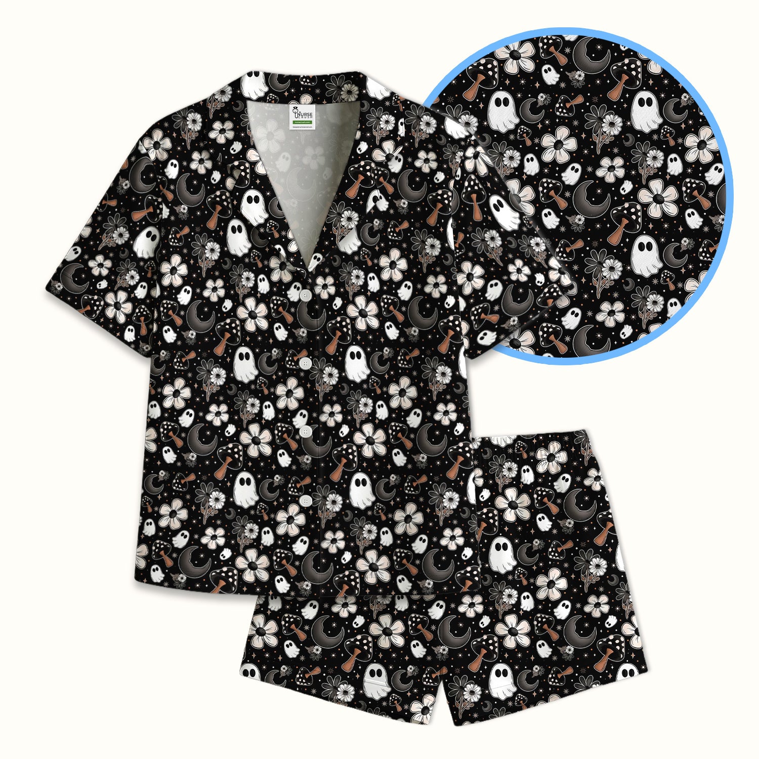 Floral Mushroom Ghost Pattern Pajama Set, Soft Breathable Fabric Comfortable Sleepwear