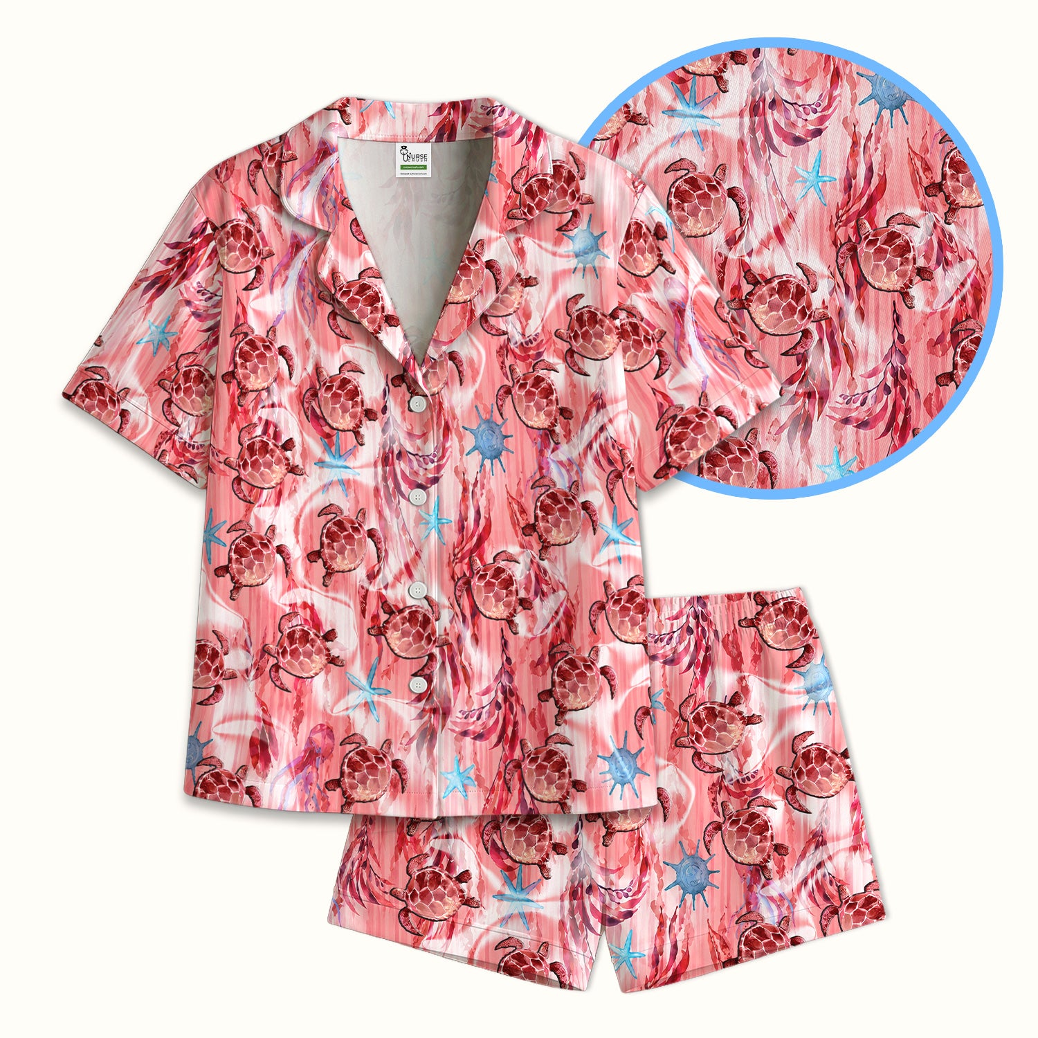 Pink Sea Turtle Ocean Pattern Pajama Set, Soft Breathable Fabric Comfortable Sleepwear