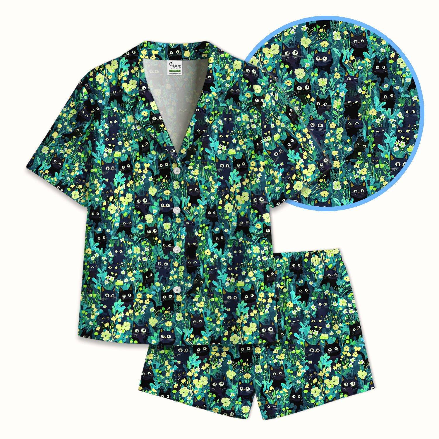 Black Cat Floral Pattern Pajama Set, Soft Breathable Fabric Comfortable Sleepwear