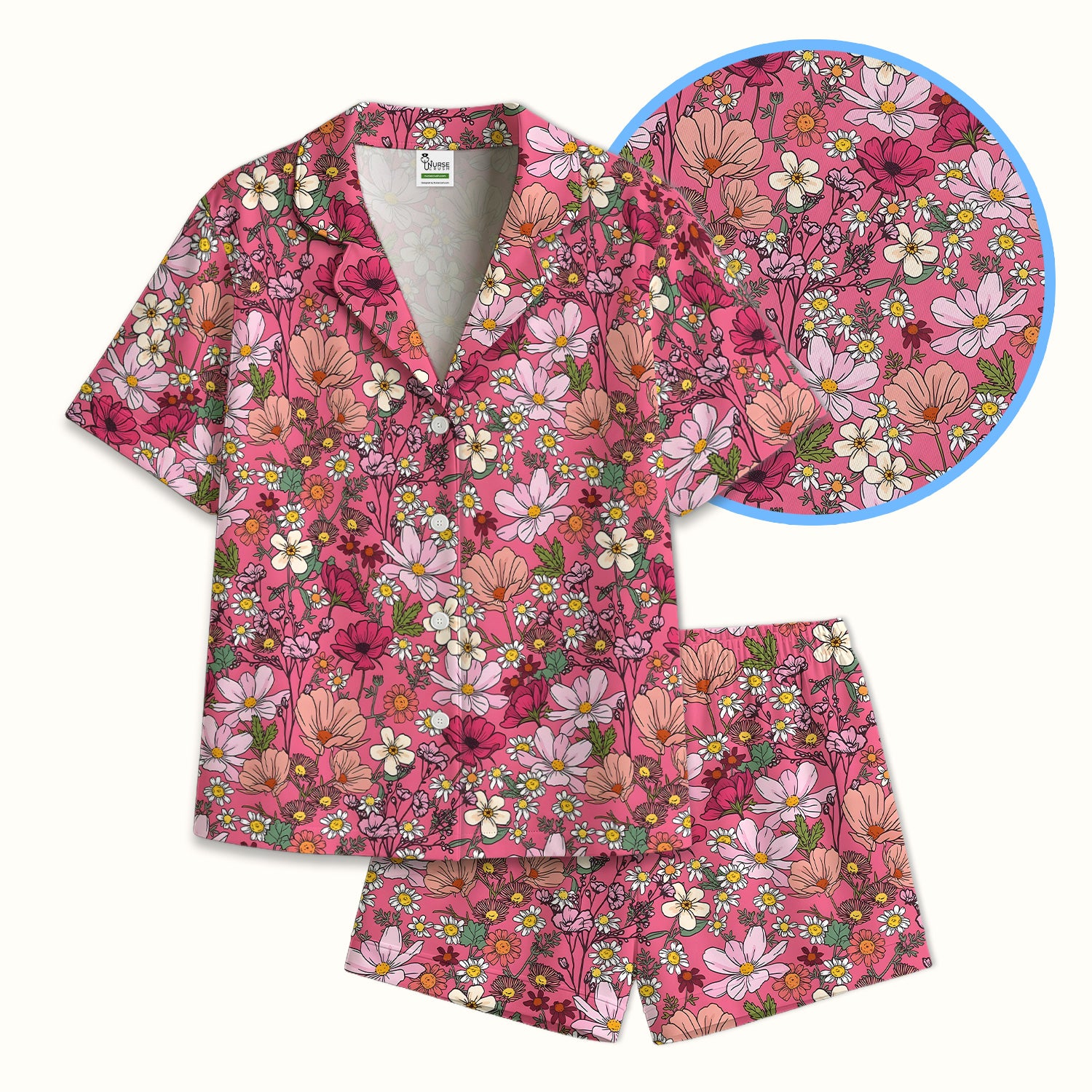 Pink Daisy Wildflower Nurse Pattern Pajama Set, Soft Breathable Fabric Comfortable Sleepwear