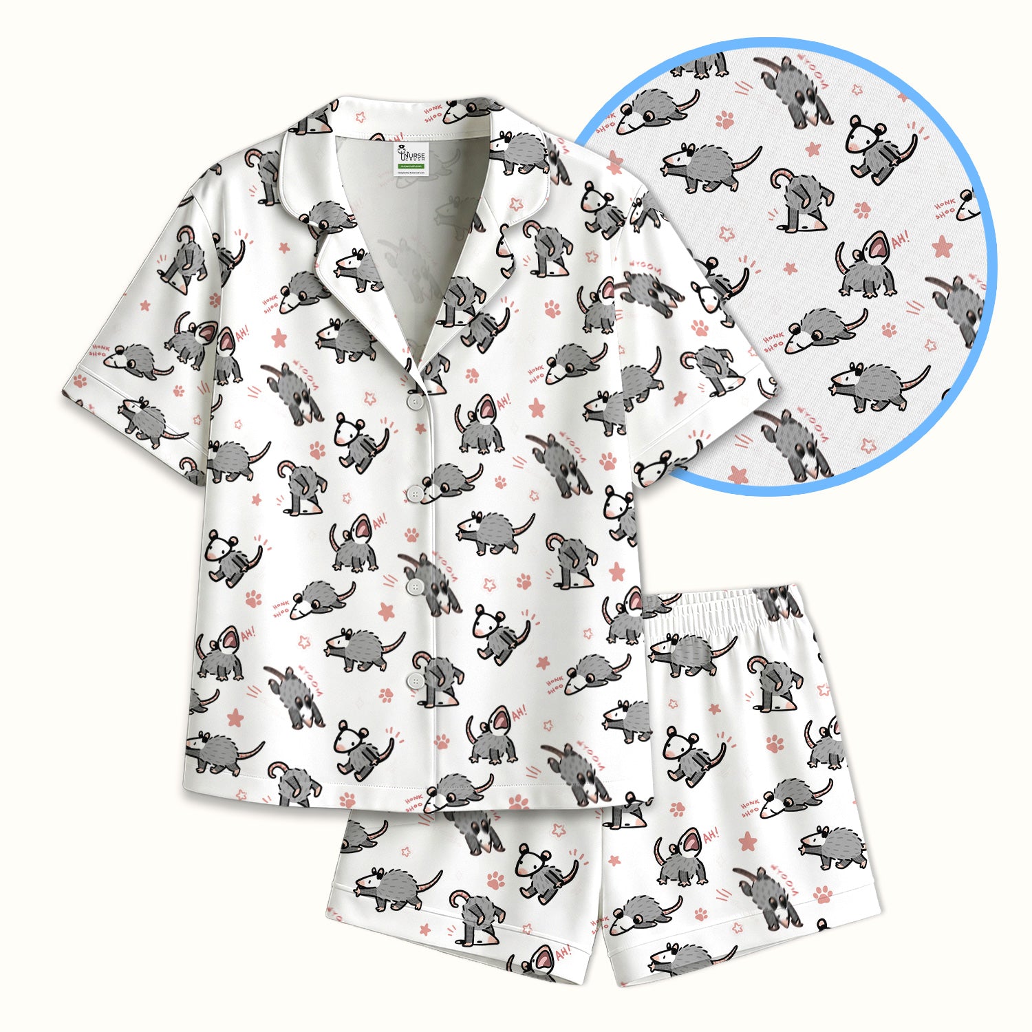 Playful Cartoon Opossum Character Pattern Pajama Set, Breathable Fabrics Uniform