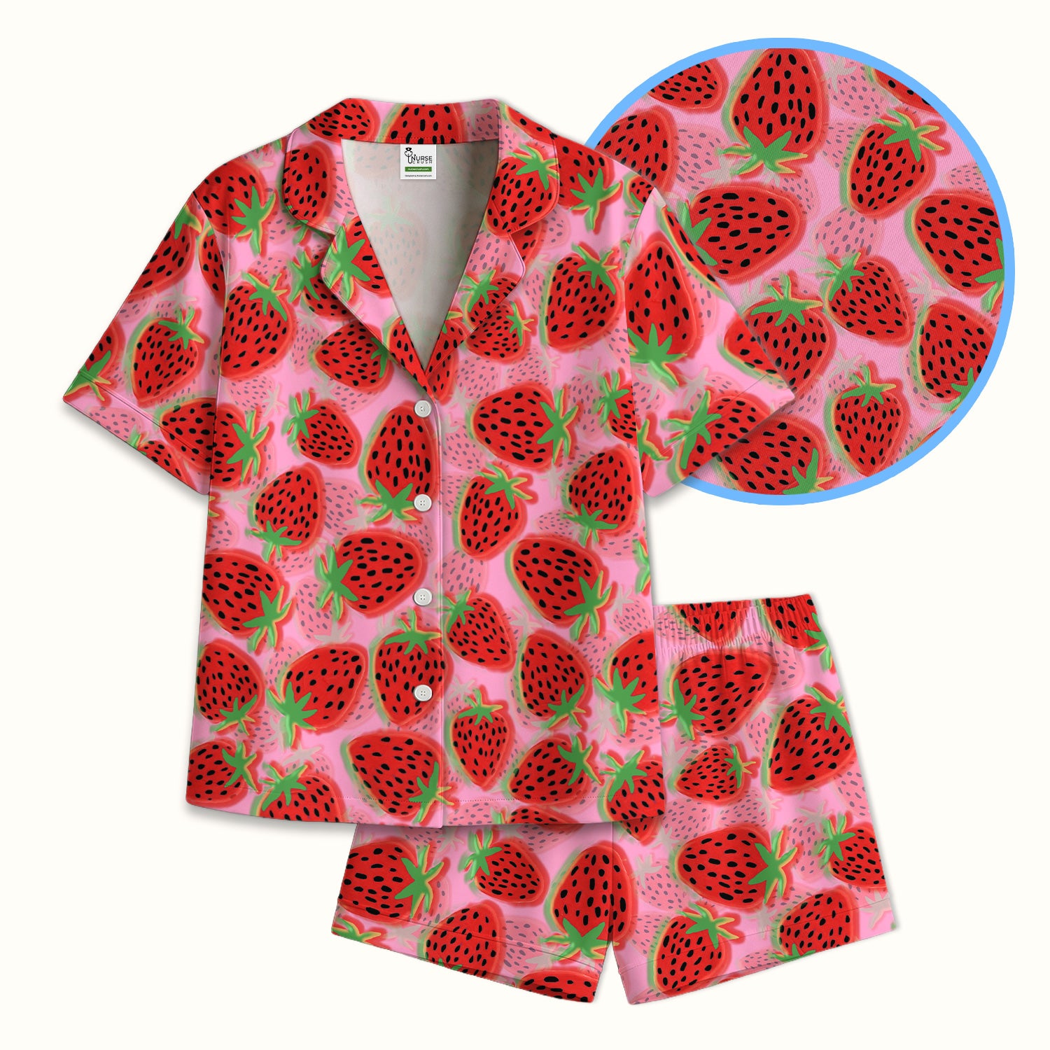 Pink Strawberry Pattern Pajama Set, Breathable Fabrics Uniform