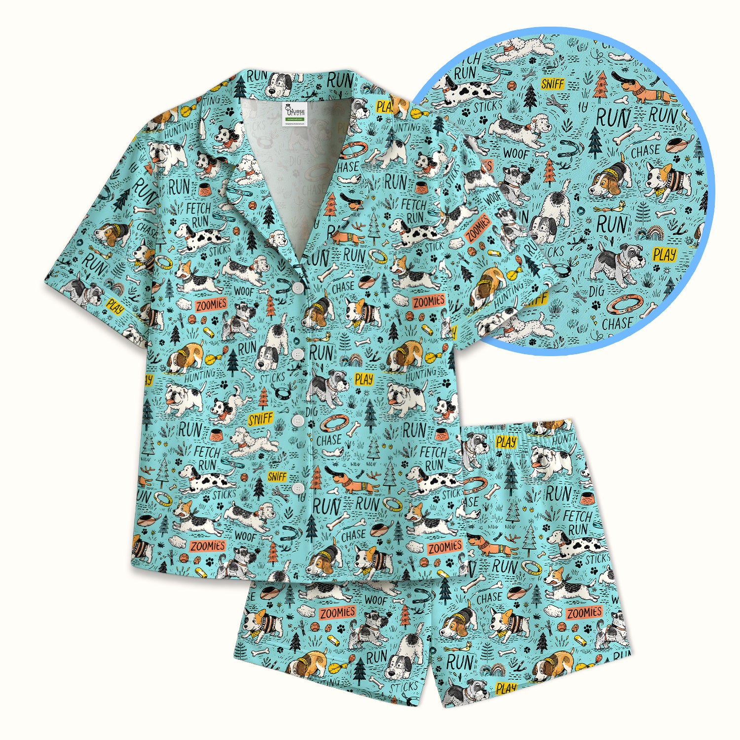 Playful Cartoon Puppy Adventure Pattern Pajama Set, Soft Breathable Fabric Comfortable Sleepwear