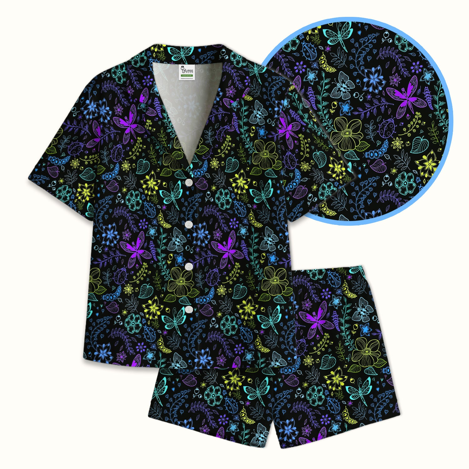 Neon Butterfly and Floral Garden Pattern Pajama Set, Breathable Fabrics Uniform