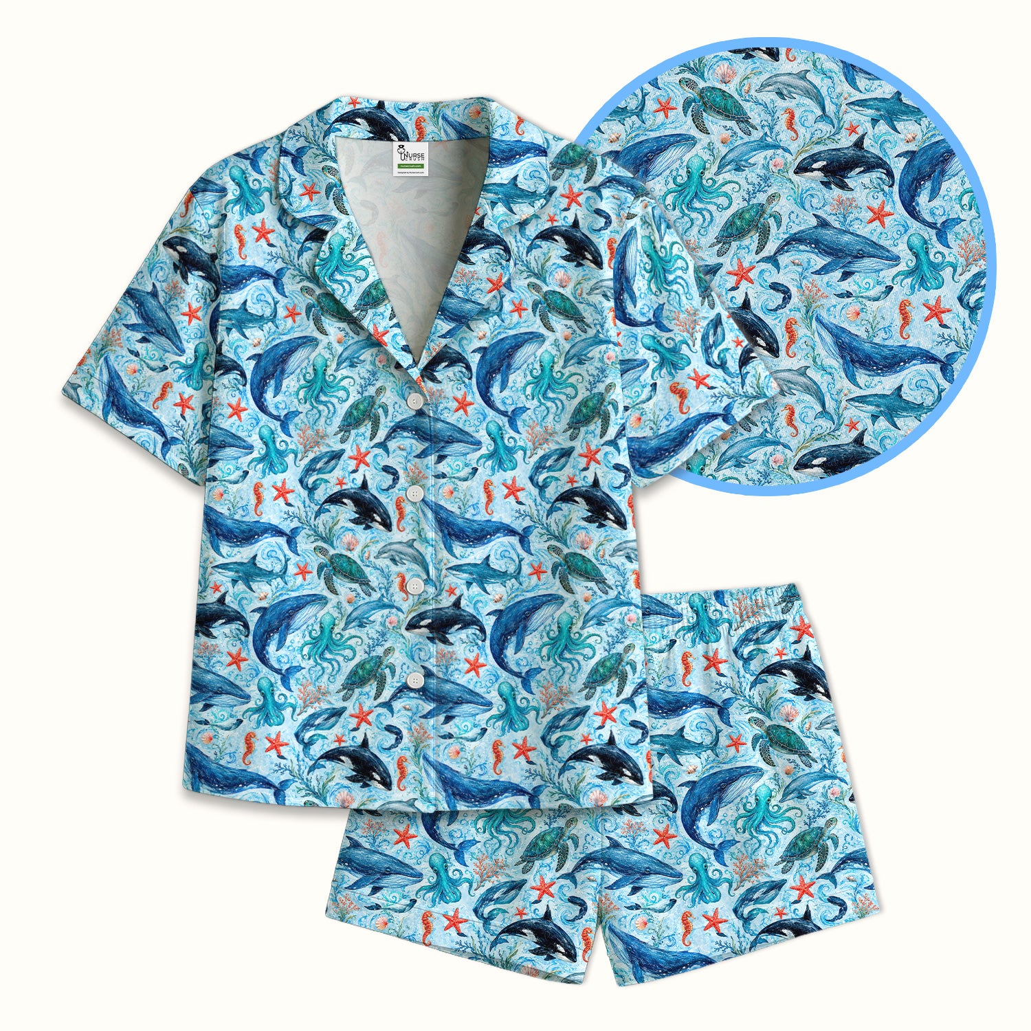 Watercolor Ocean Wildlife Scene Pattern Pajama Set, Soft Breathable Fabric Comfortable Sleepwear