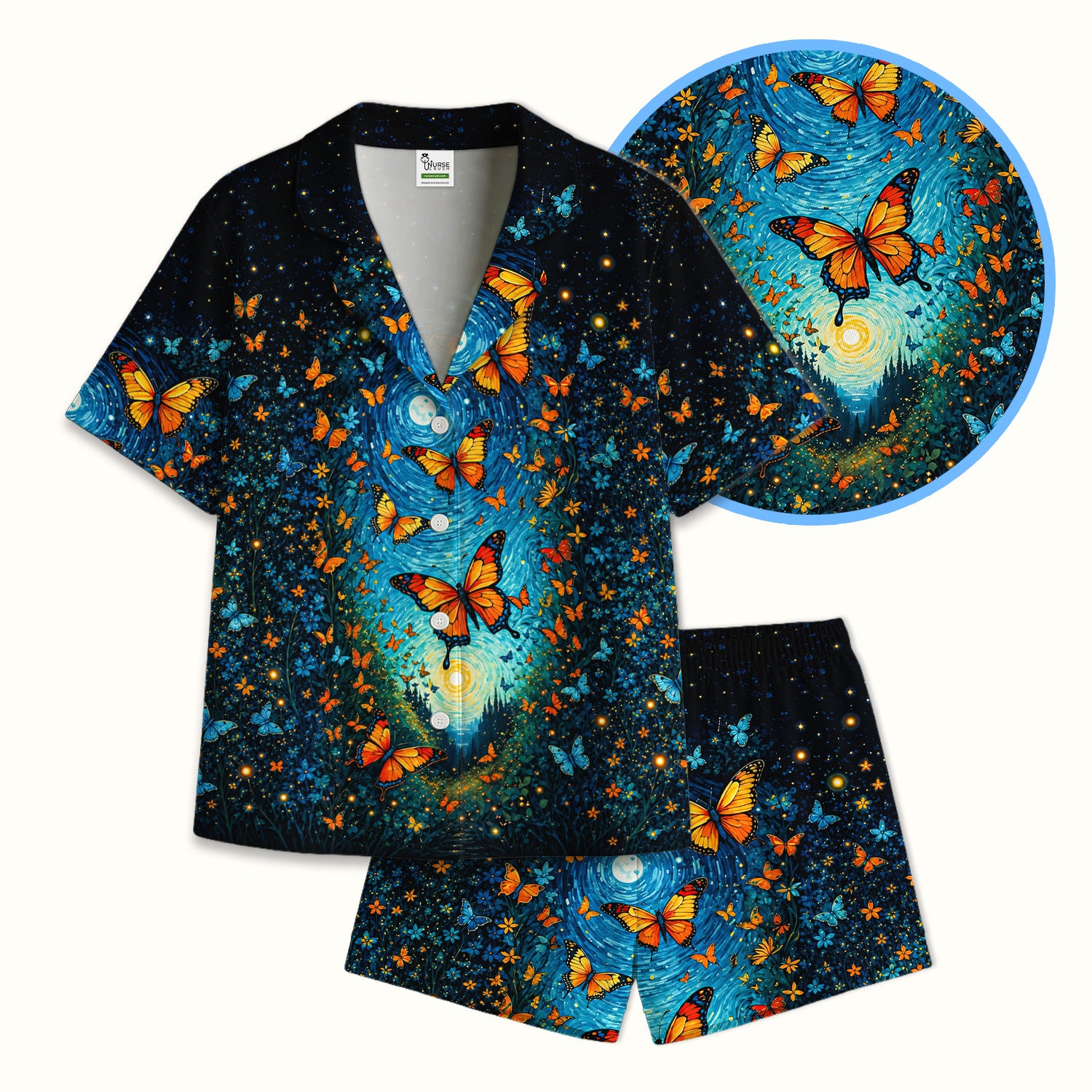 Moonlit Butterfly Nurse Pattern Pajama Set, Soft Breathable Fabric Comfortable Sleepwear