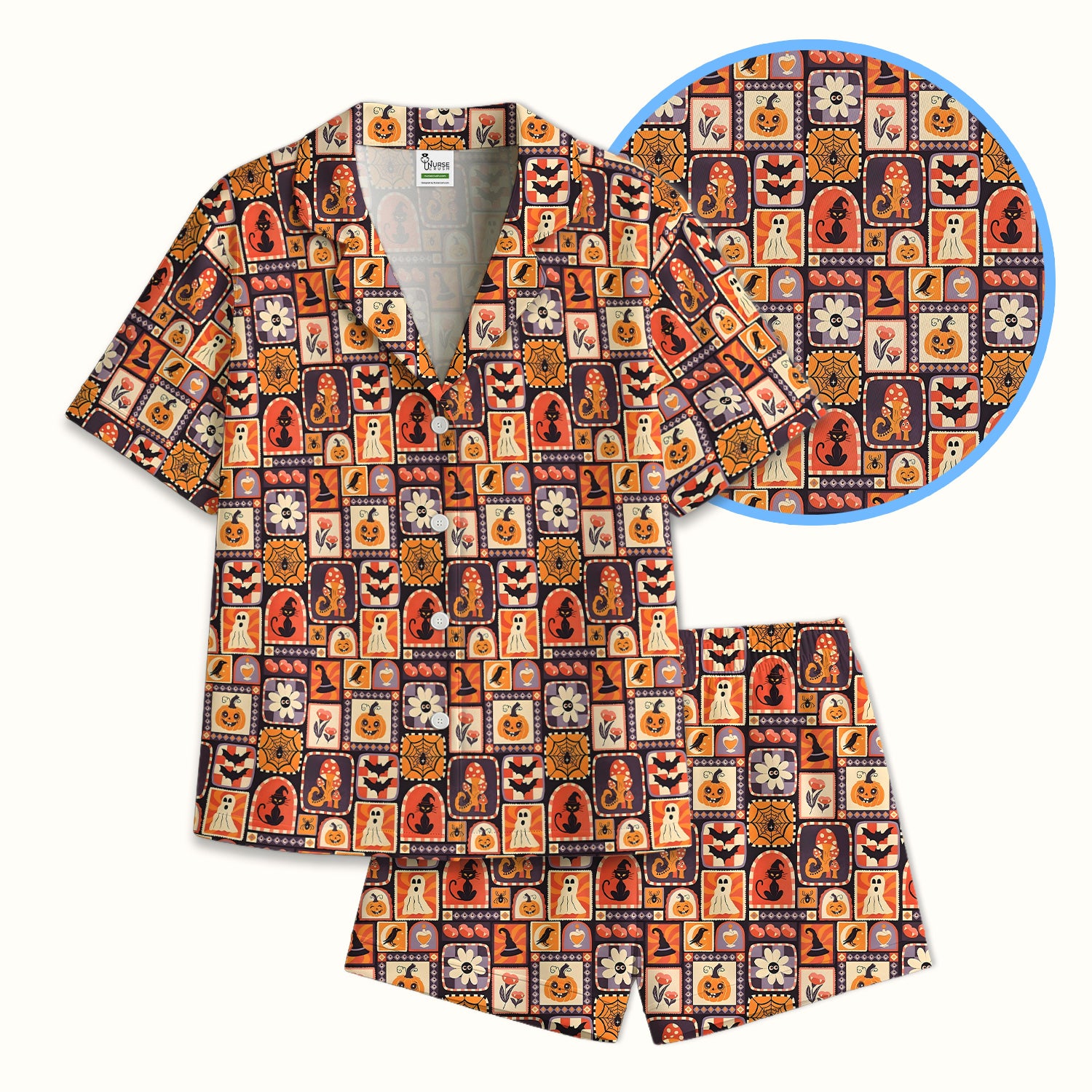 Retro Halloween Patchwork Icons Pajama Set, Soft Breathable Fabric Comfortable Sleepwear