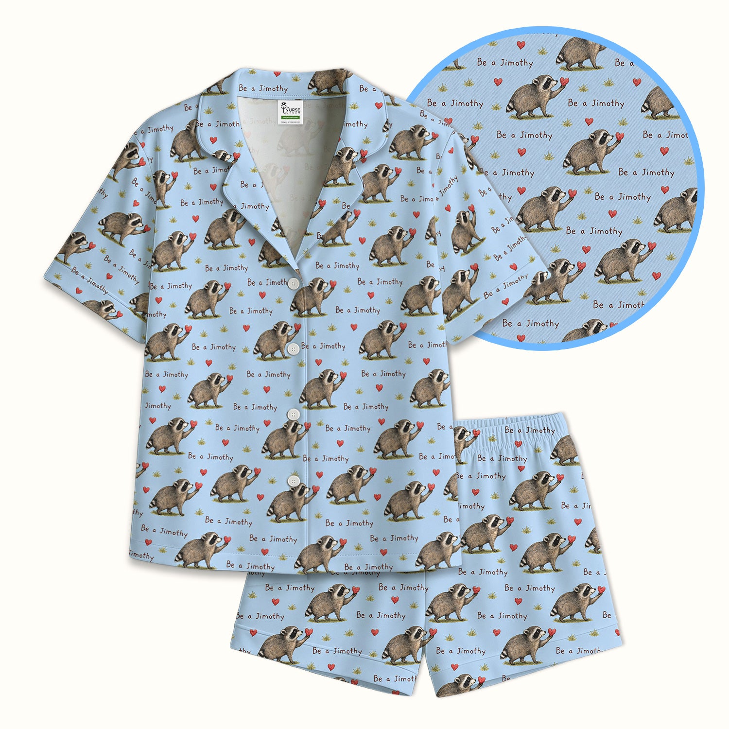 Cute Be A Jimothy Raccoon Hearts Pajama Set, Soft Breathable Fabric Comfortable Sleepwear